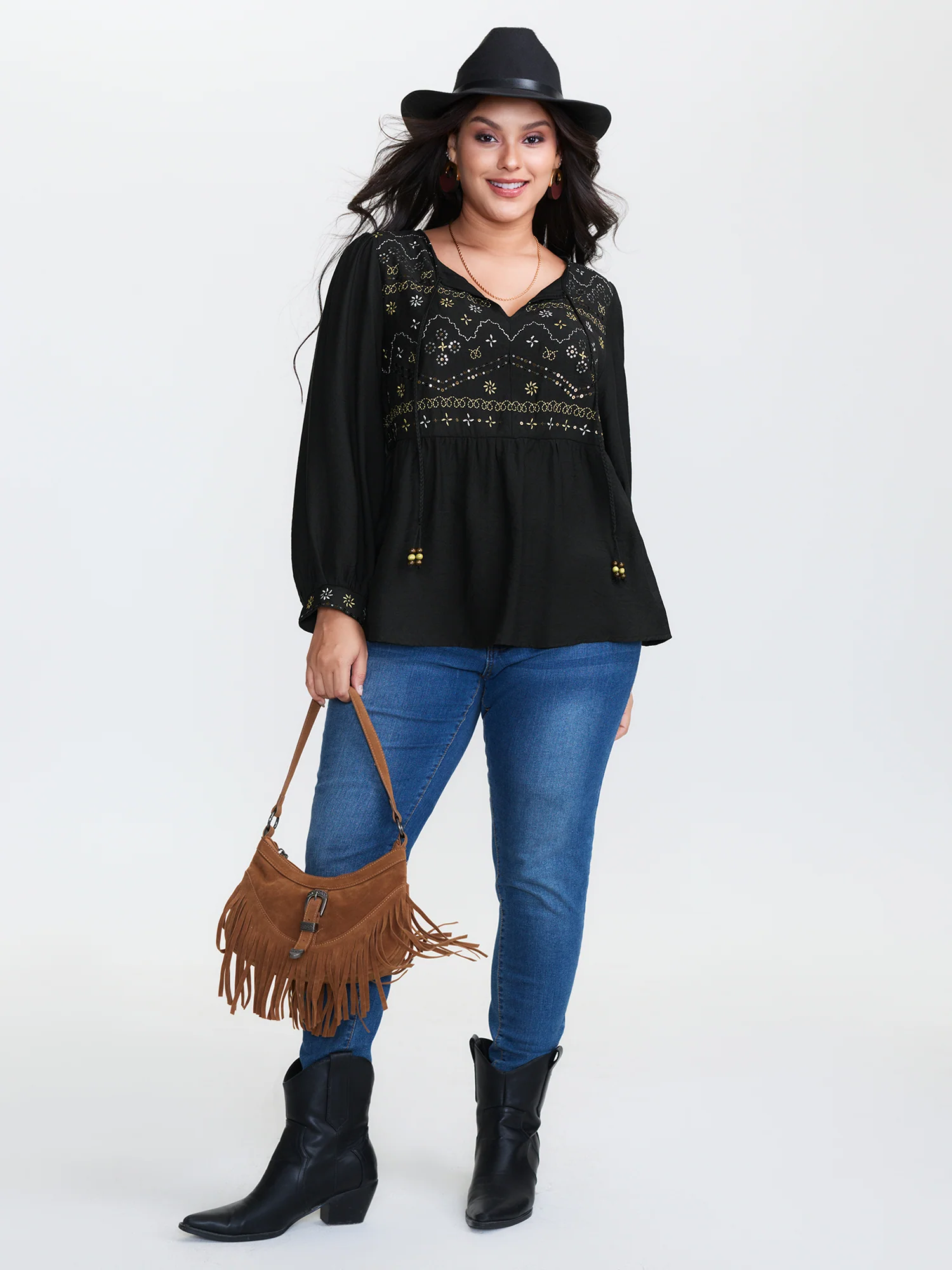 Sequin Embroidery Tassel Tie Blouse - Image 2