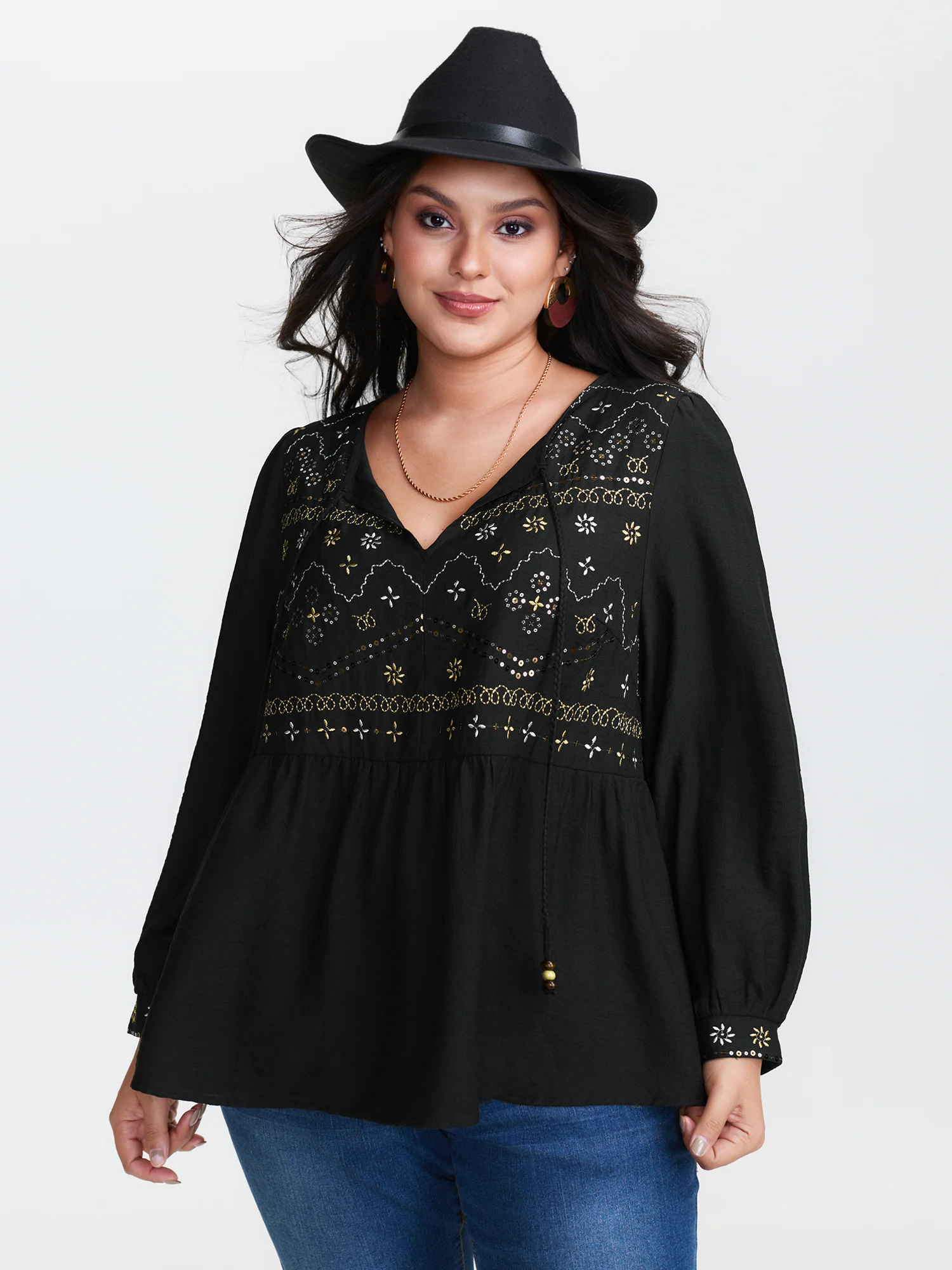 Sequin Embroidery Tassel Tie Blouse - Image 3