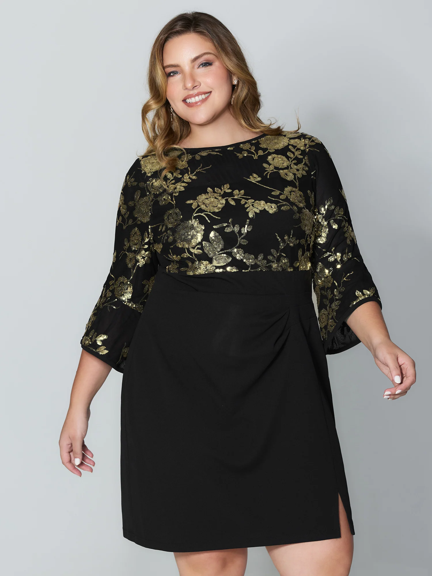 Sequin Floral Cut-Out Drapey Knee-Length Dress - Image 3