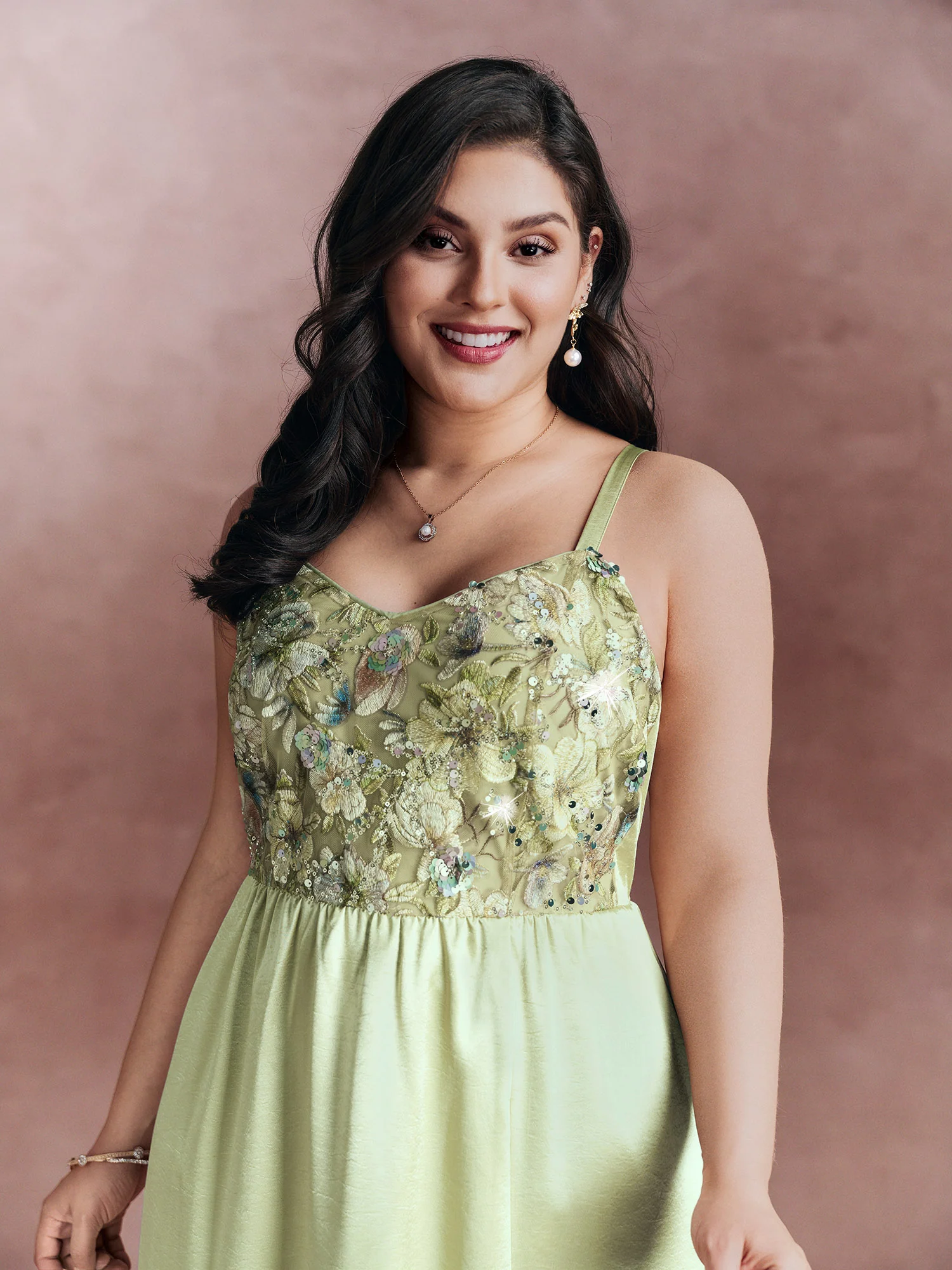 Sequin Floral Embroidered Satin Slit Hem Midi Dress - Image 2