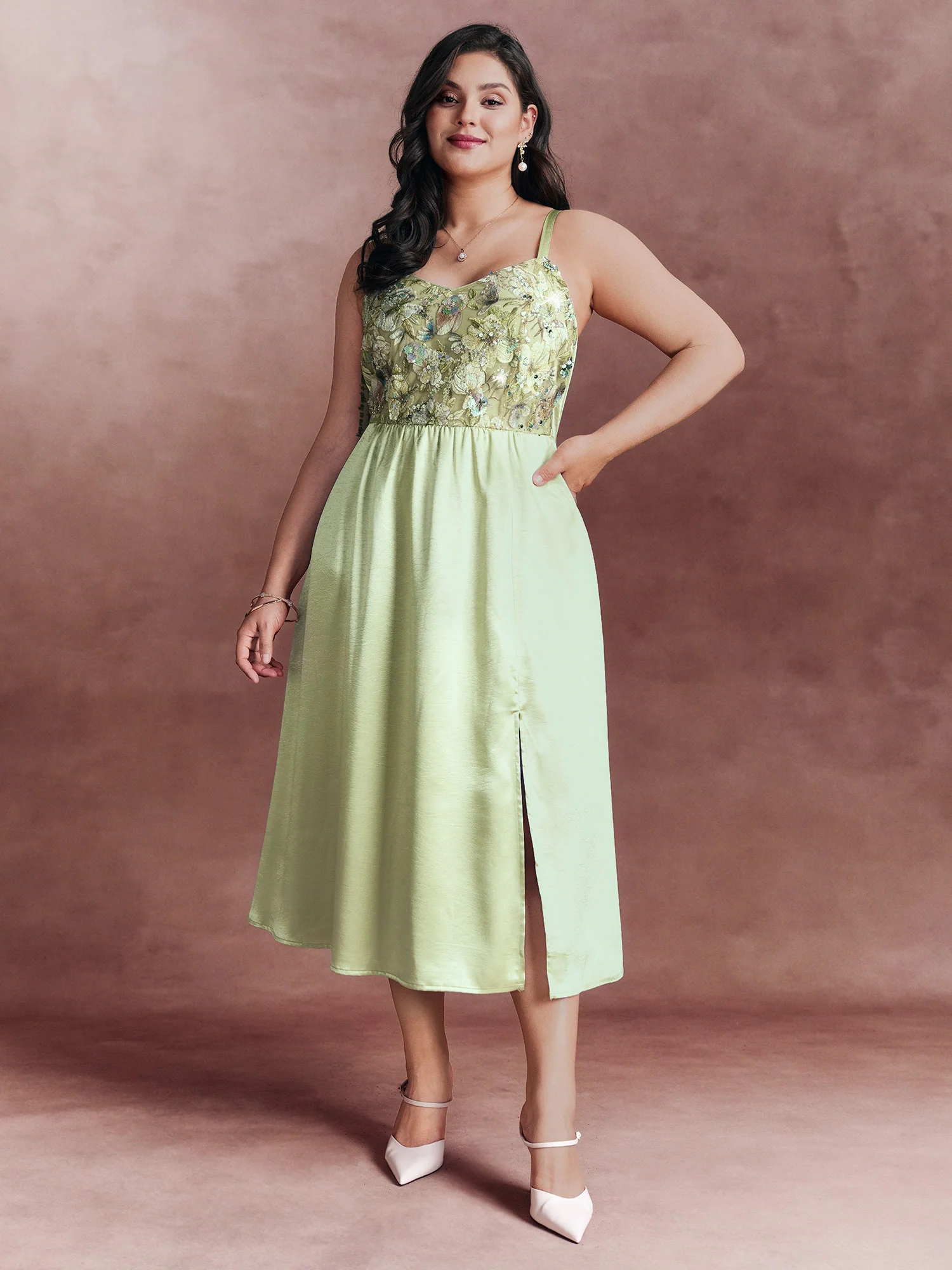 Sequin Floral Embroidered Satin Slit Hem Midi Dress - Image 3