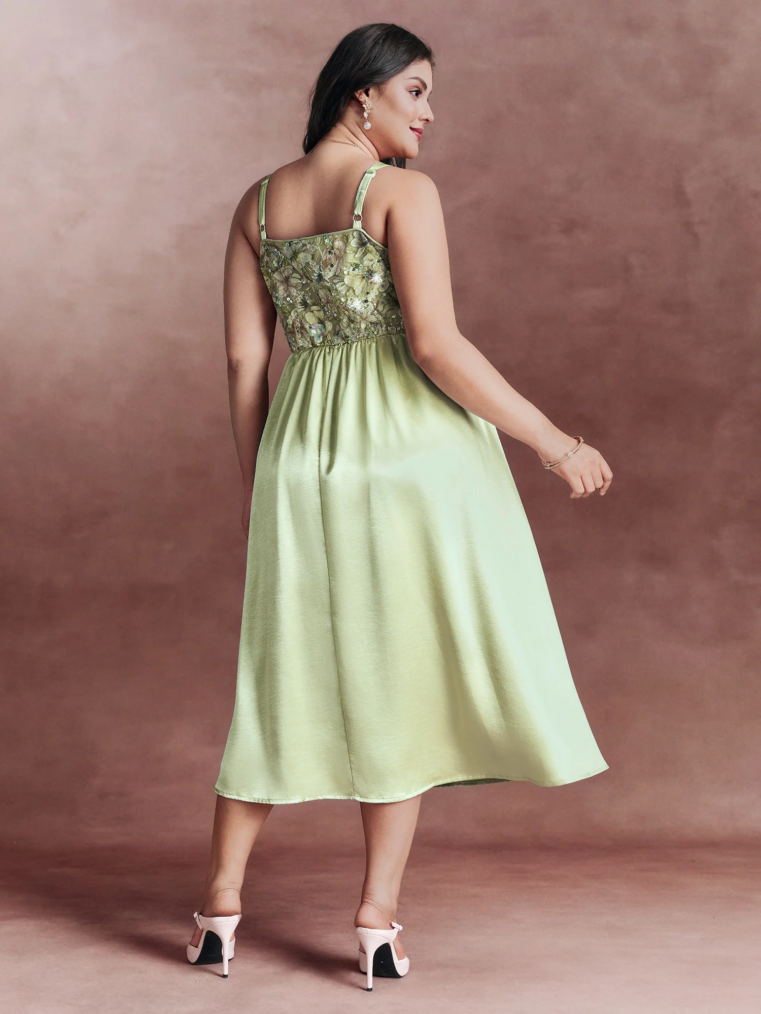 Sequin Floral Embroidered Satin Slit Hem Midi Dress - Image 4