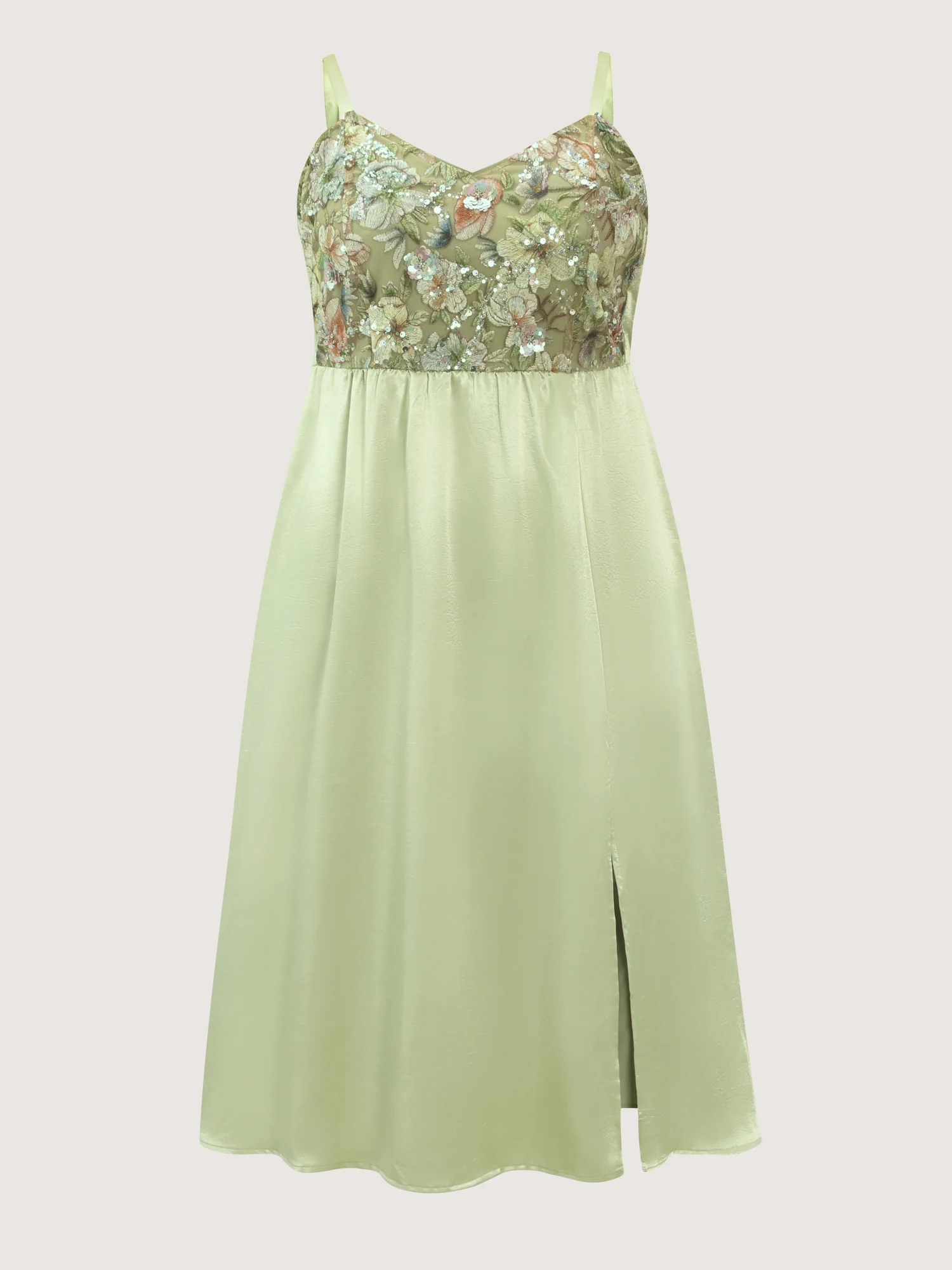 Sequin Floral Embroidered Satin Slit Hem Midi Dress - Image 7