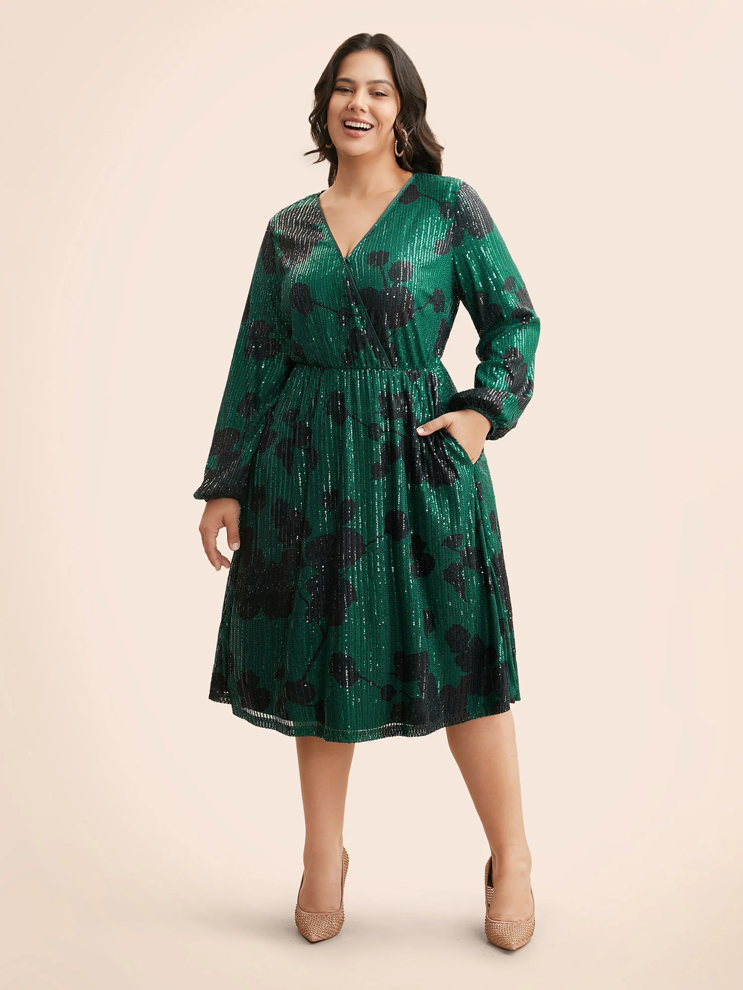 Sequin Floral Lantern Sleeve Midi Dress - Image 3