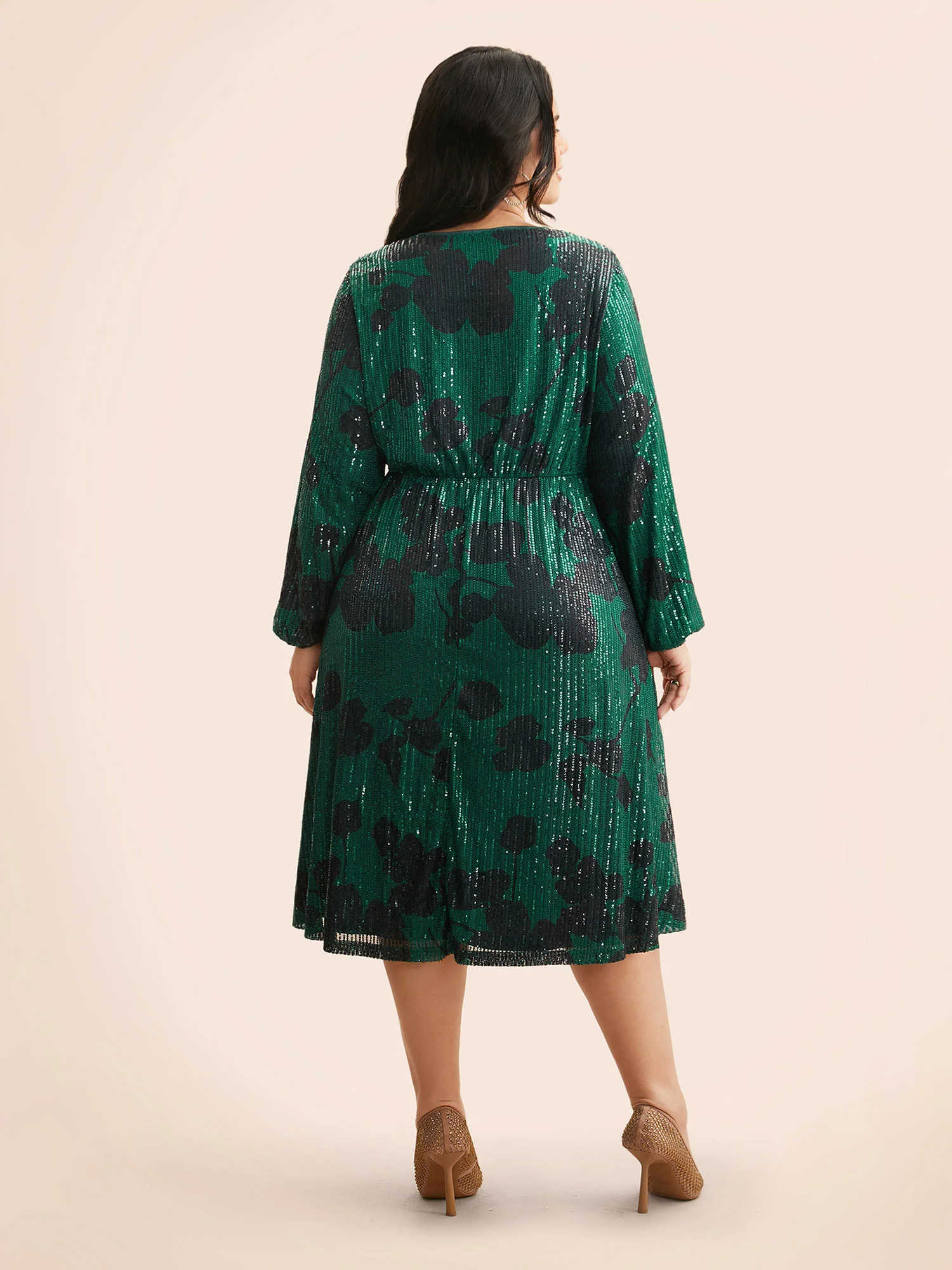 Sequin Floral Lantern Sleeve Midi Dress - Image 4