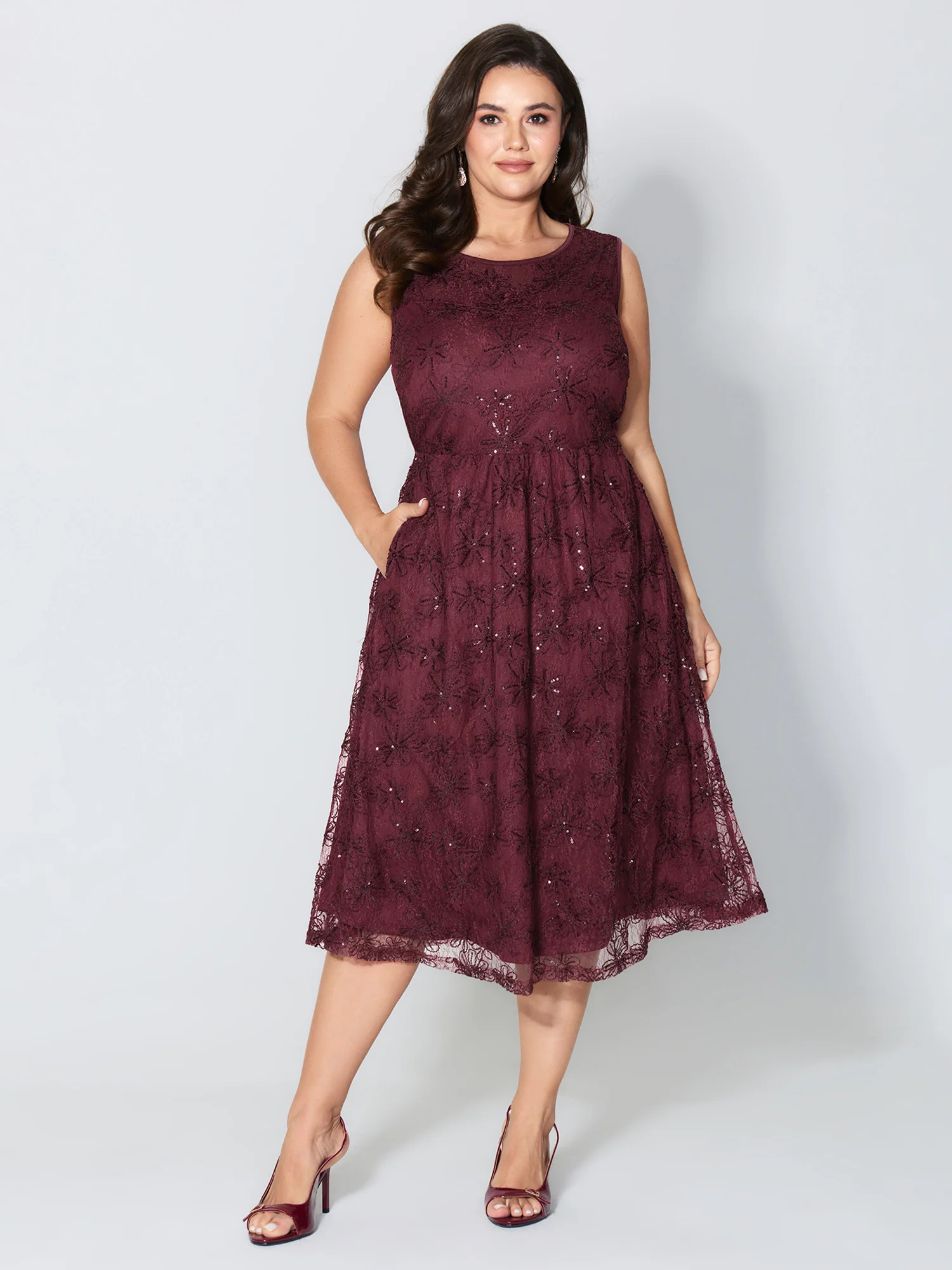 Sequin Floral Mesh Pockets Midi Dress - Image 2