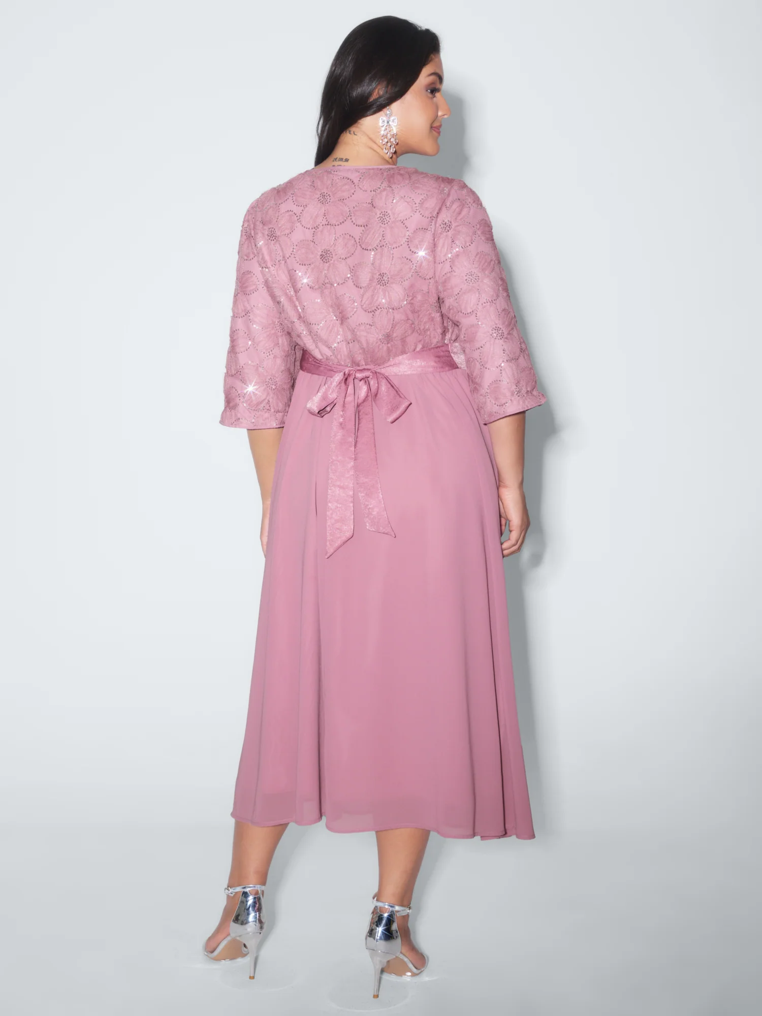 Sequin Floral Tulle Shirred Waist Midi Dress - Image 12