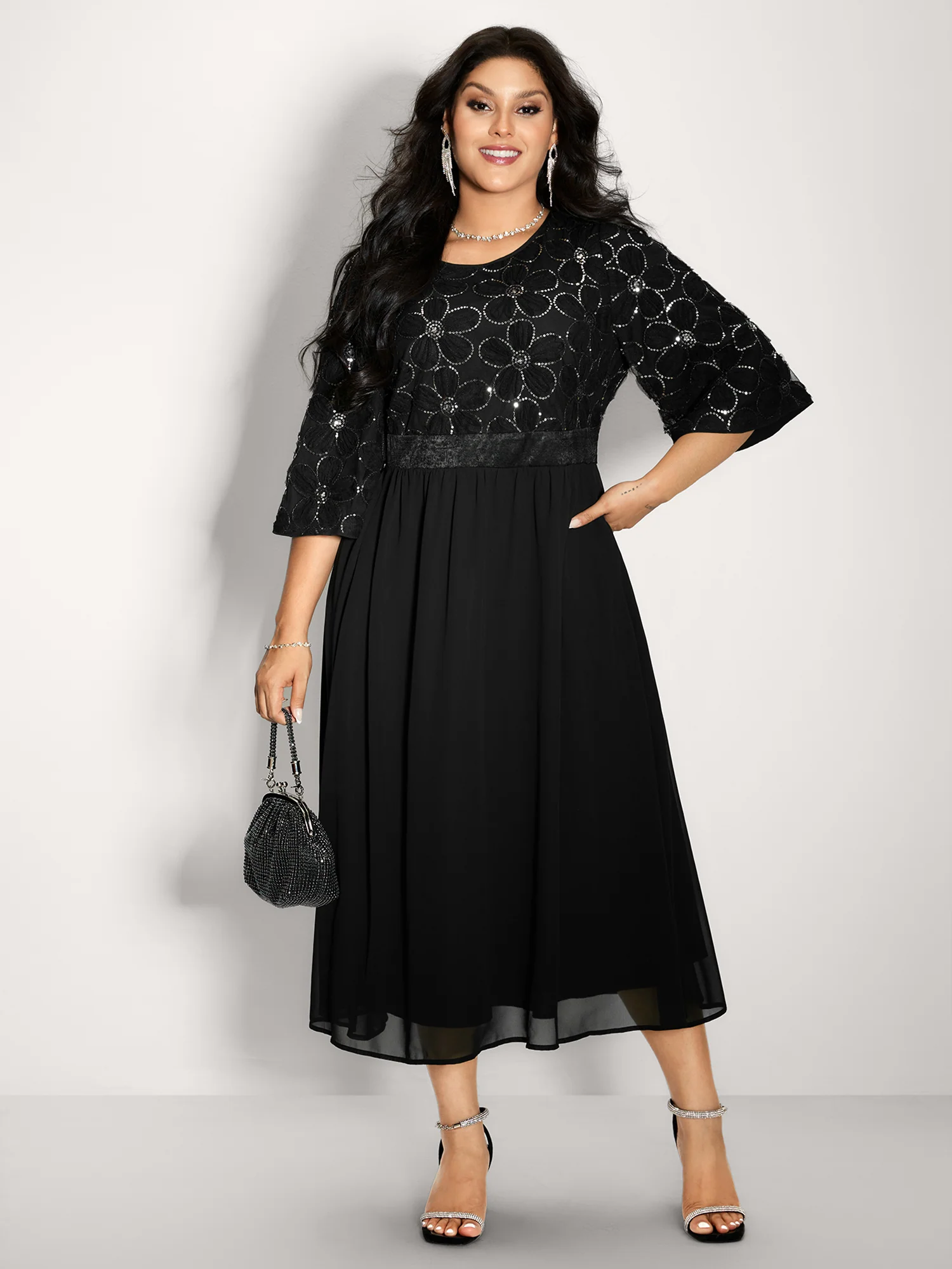 Sequin Floral Tulle Shirred Waist Midi Dress - Image 3
