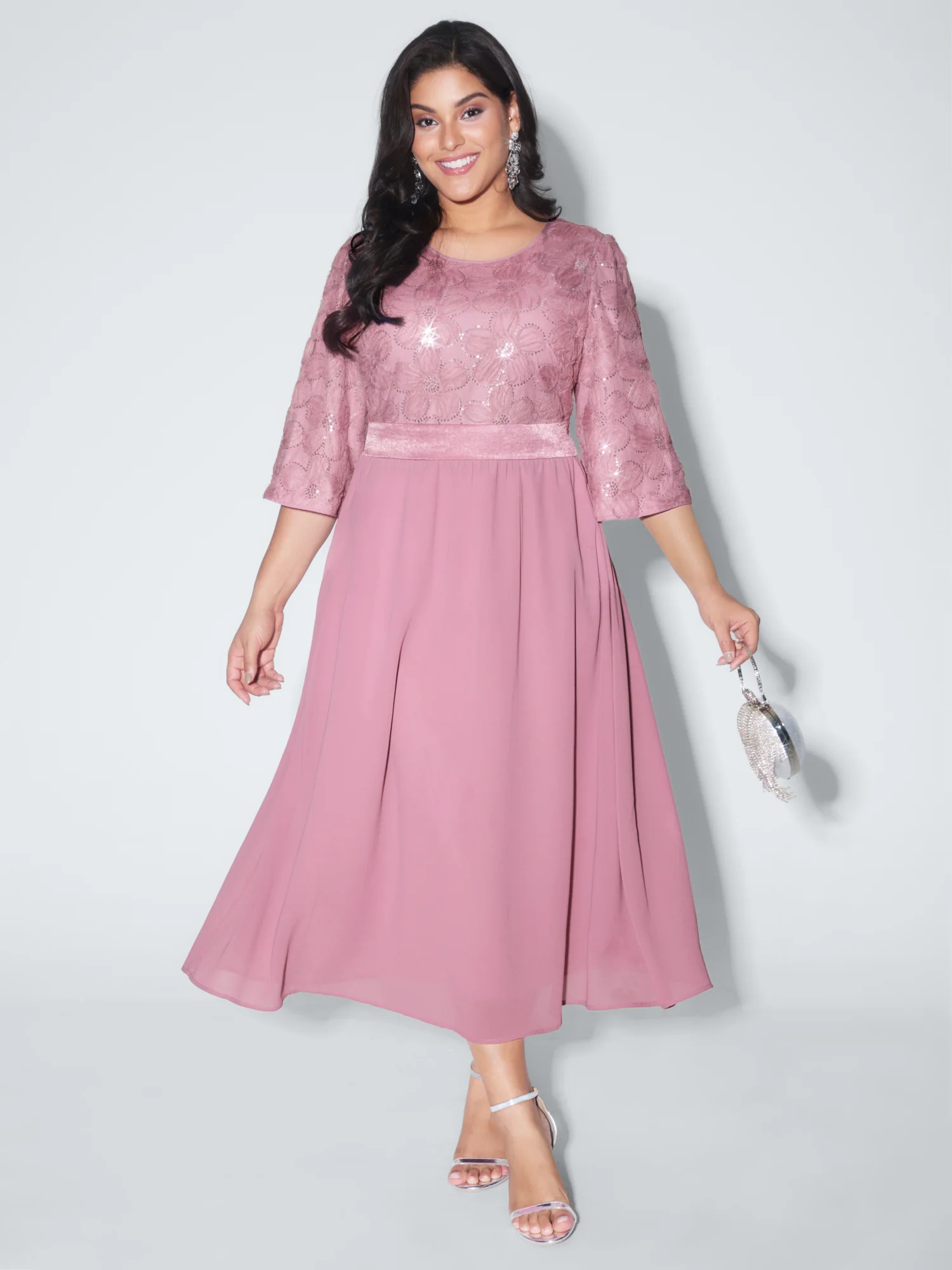 Sequin Floral Tulle Shirred Waist Midi Dress - Image 9
