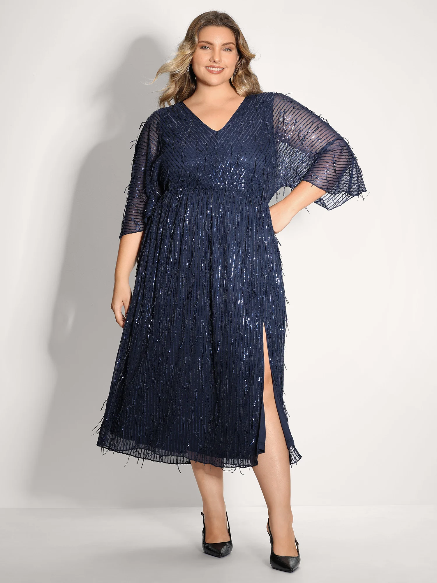 Sequin Lace High Slit Backless Maxi Dress - Image 3