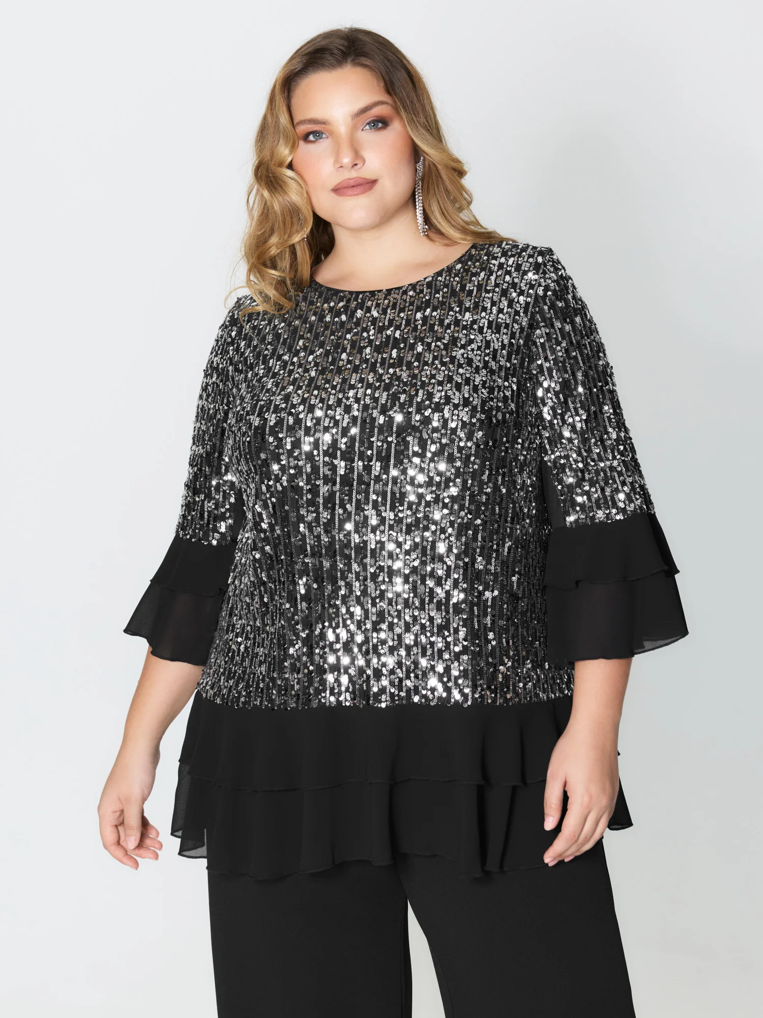 Sequin Layered Ruffled Sleeve Blouse - Image 2