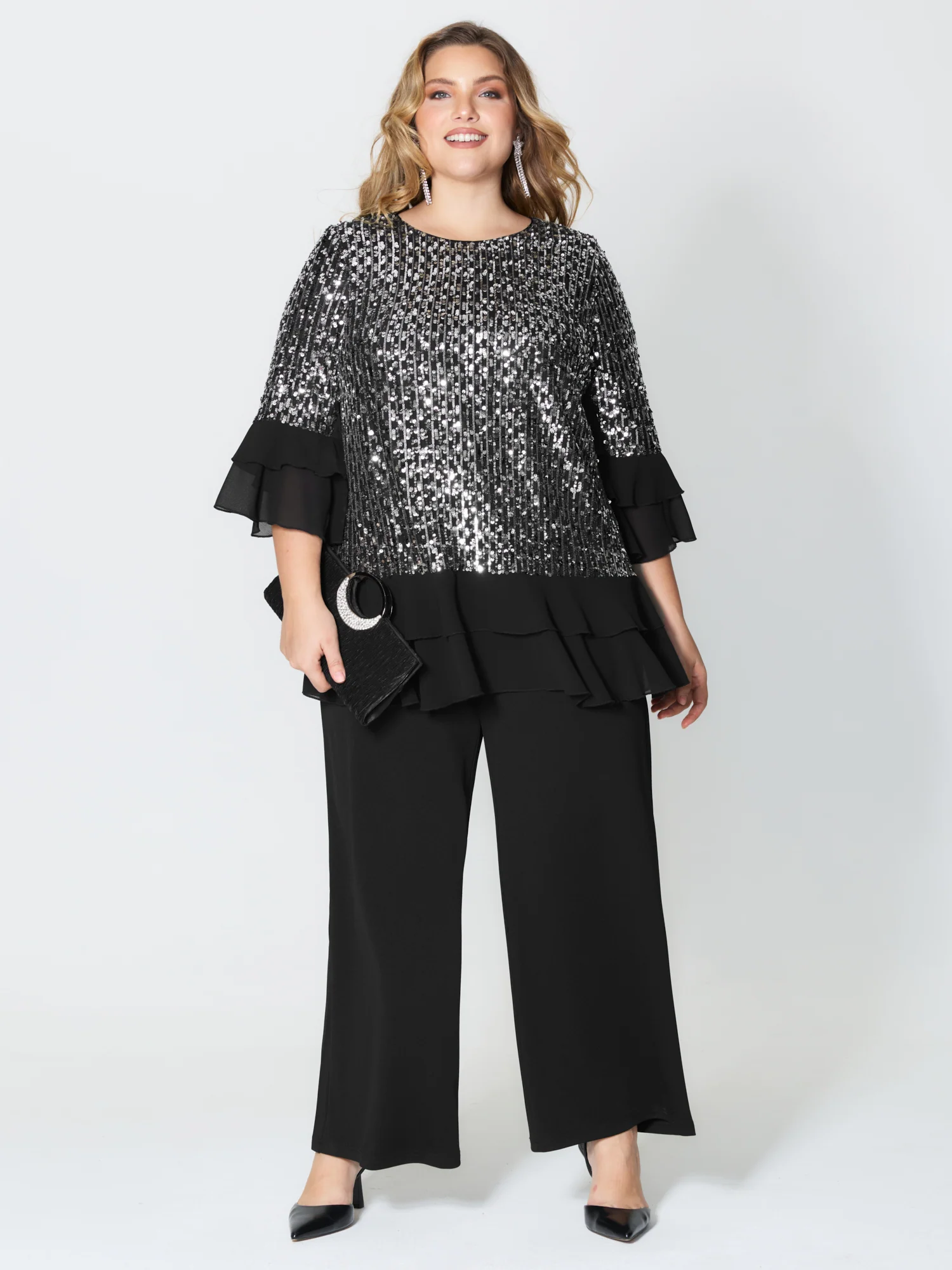 Sequin Layered Ruffled Sleeve Blouse - Image 3