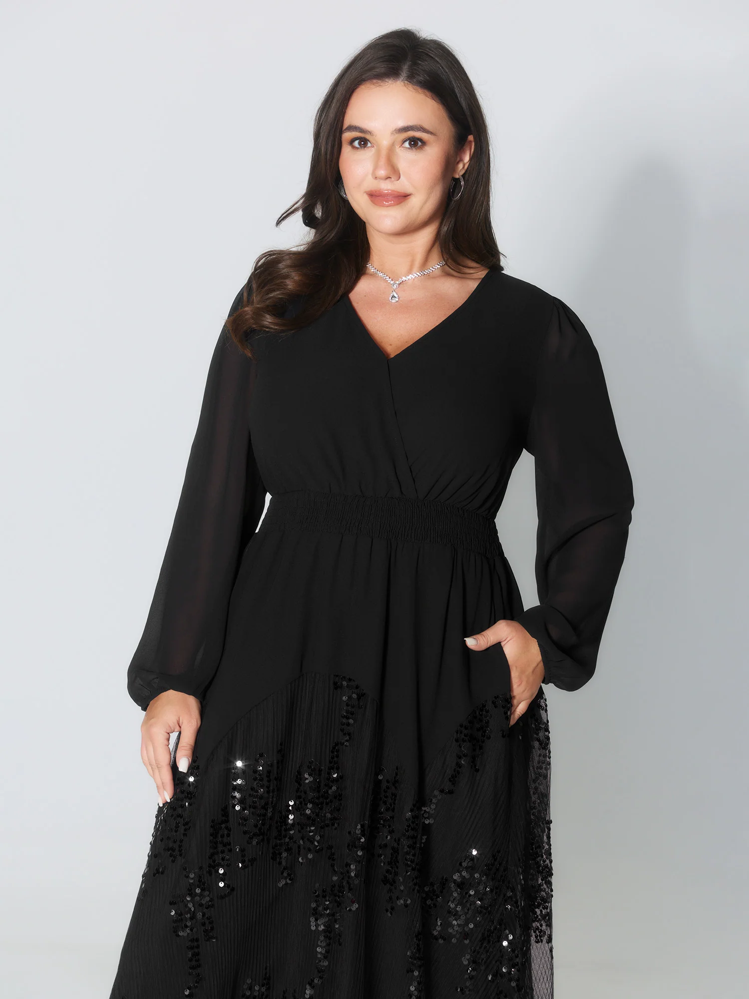 Sequin Mesh Asymmetrical Hem Maxi Dress - Image 3