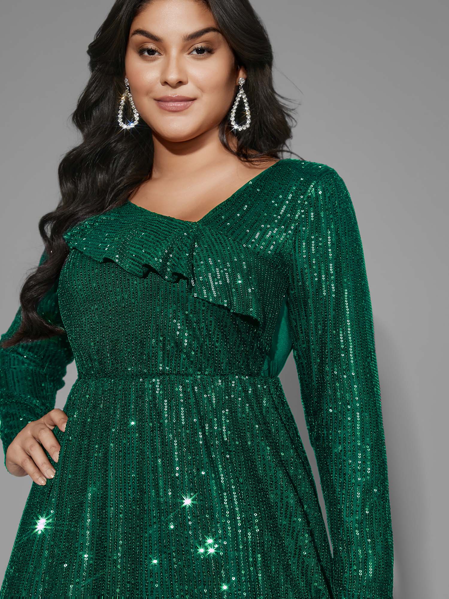 Sequin Mesh Asymmetrical Neck Midi Dress - Image 10