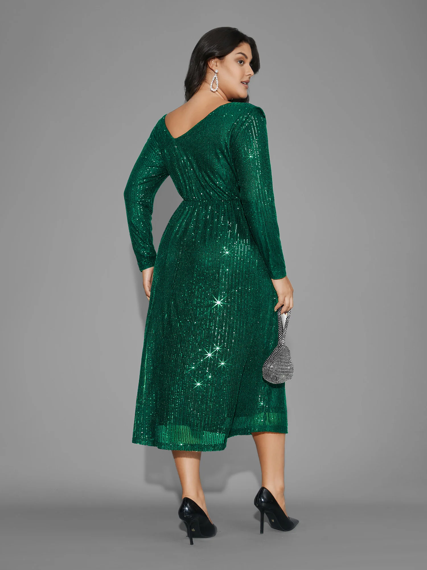 Sequin Mesh Asymmetrical Neck Midi Dress - Image 11