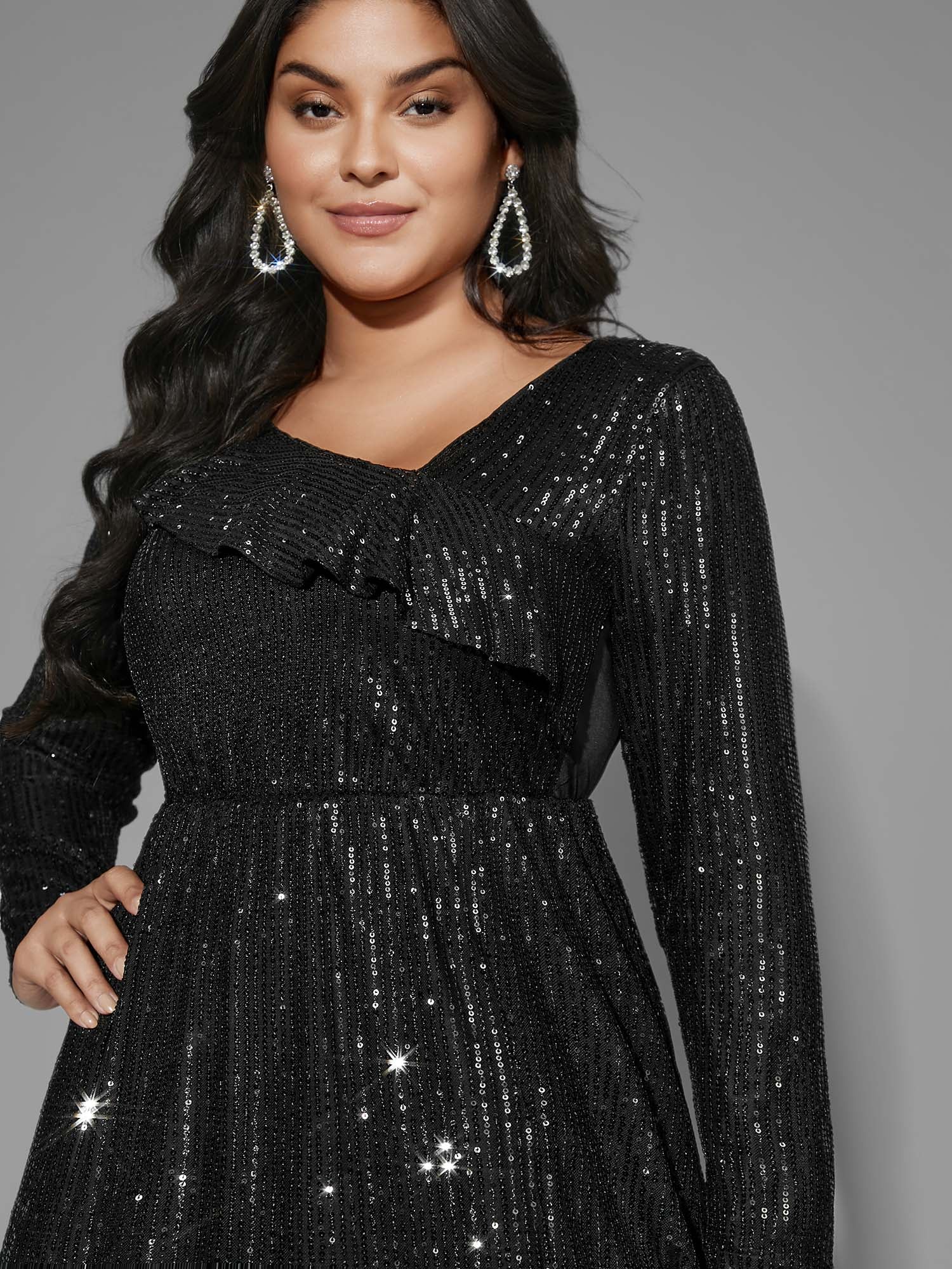 Sequin Mesh Asymmetrical Neck Midi Dress - Image 2