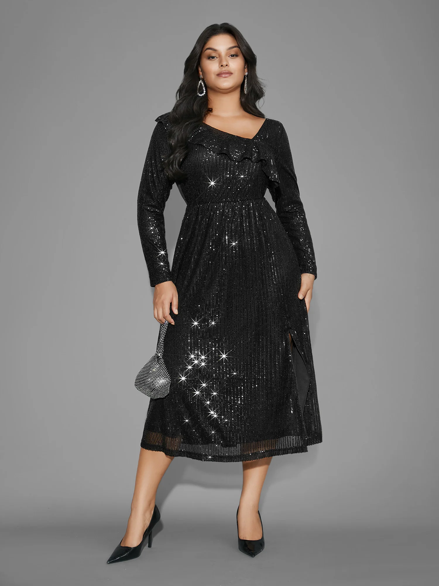 Sequin Mesh Asymmetrical Neck Midi Dress - Image 3
