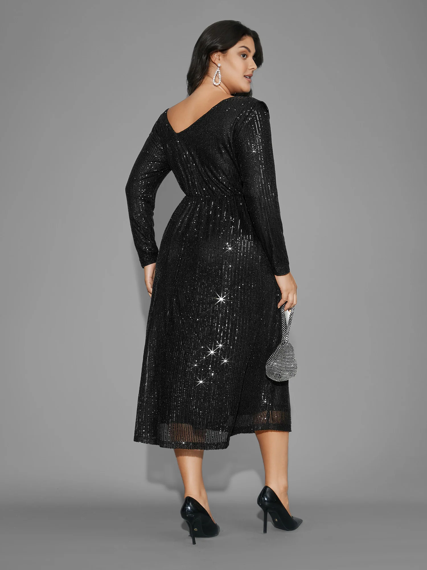 Sequin Mesh Asymmetrical Neck Midi Dress - Image 4