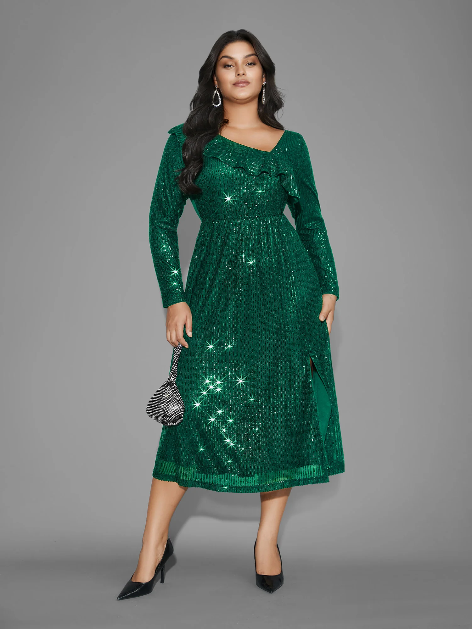 Sequin Mesh Asymmetrical Neck Midi Dress - Image 8