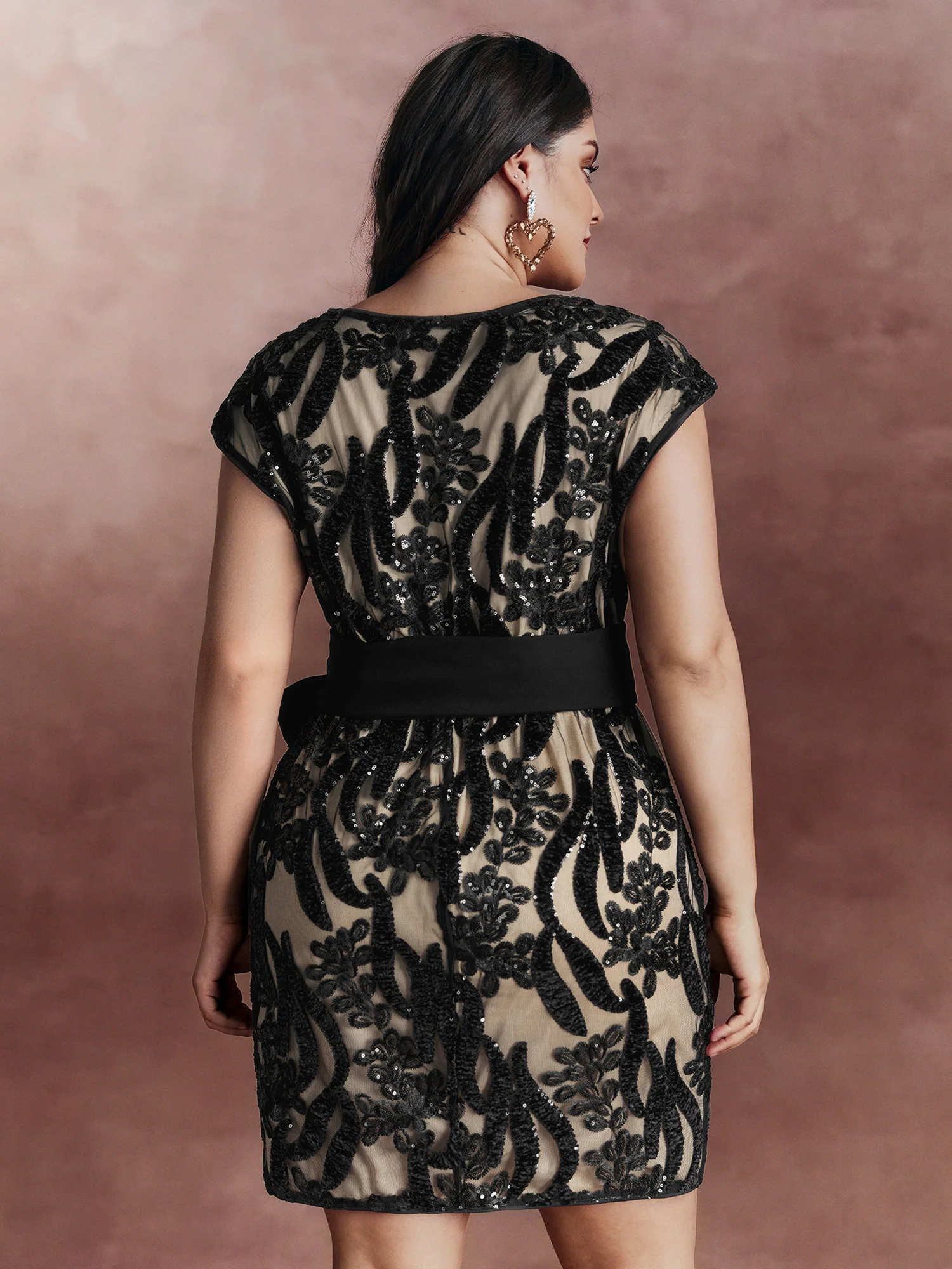 Sequin Mesh Belted Waist Mini Dress - Image 4