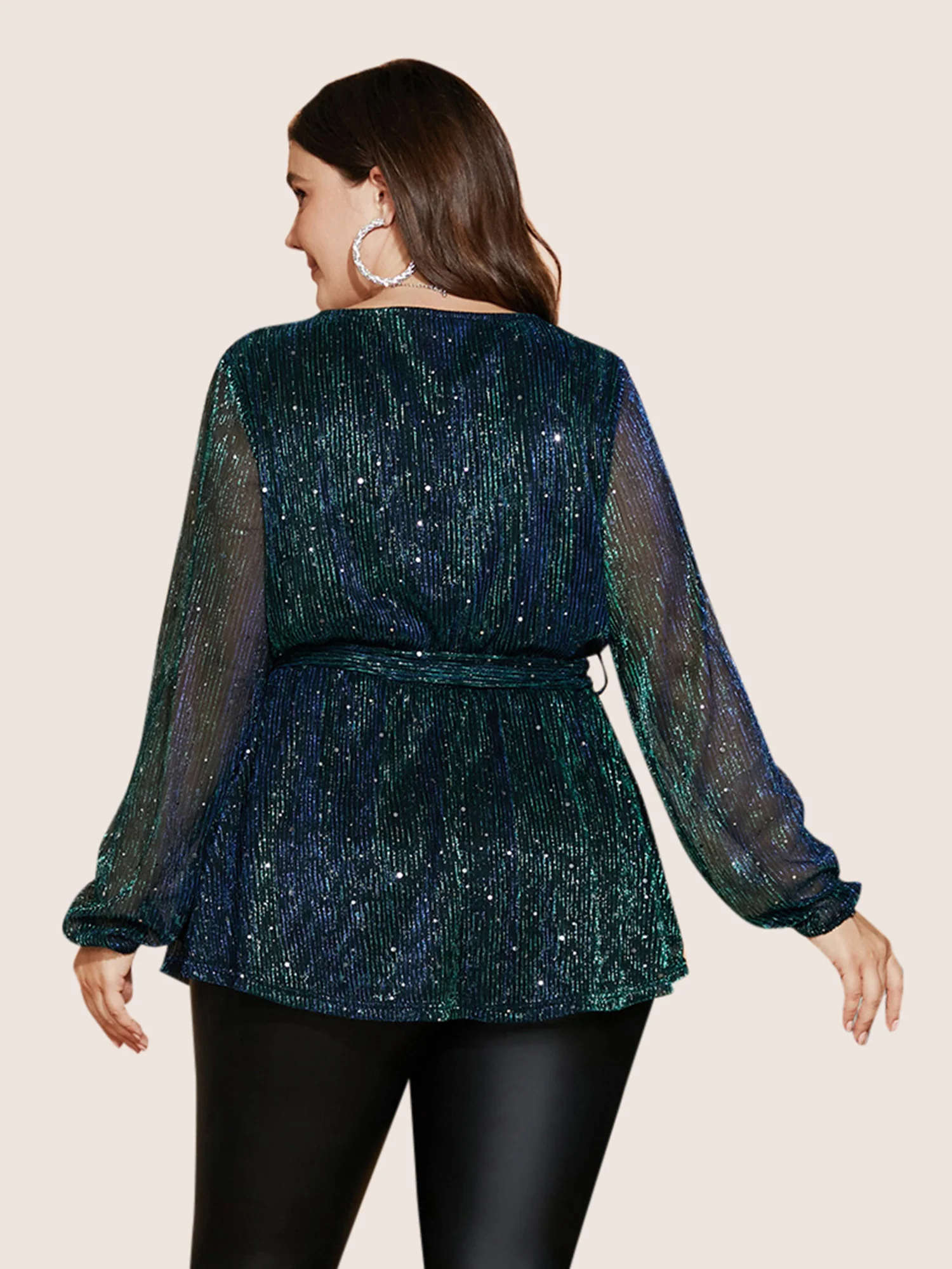 Sequin Mesh Lantern Sleeve Wrap Belted Striped Blouse - Image 14