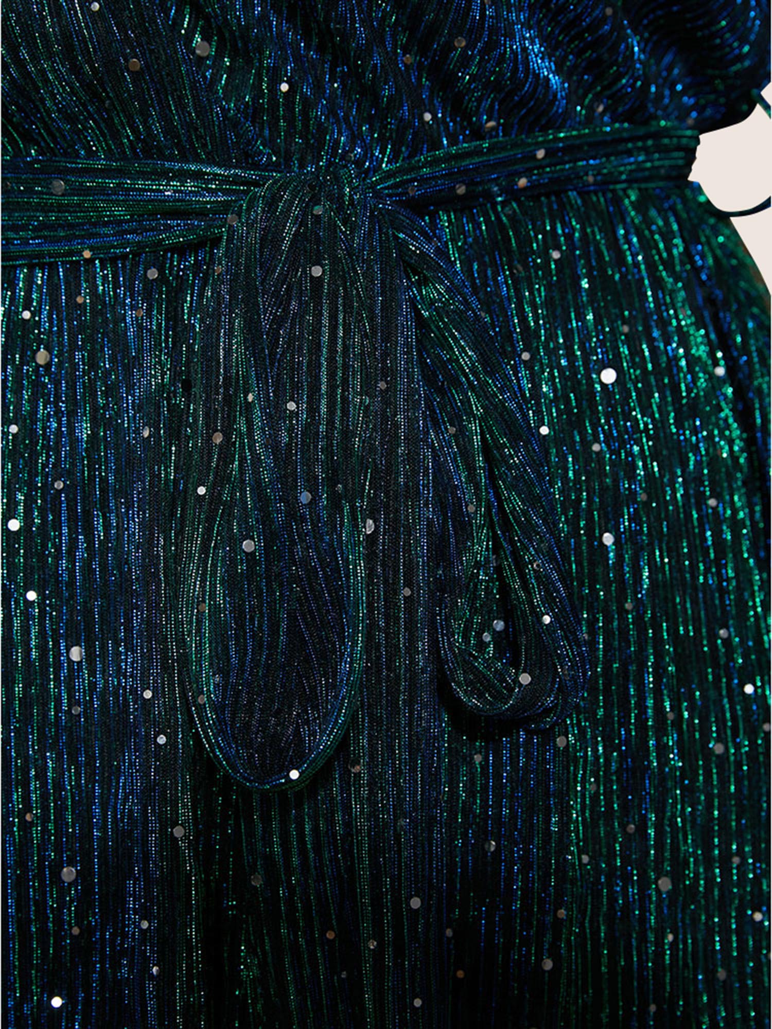Sequin Mesh Lantern Sleeve Wrap Belted Striped Blouse - Image 15