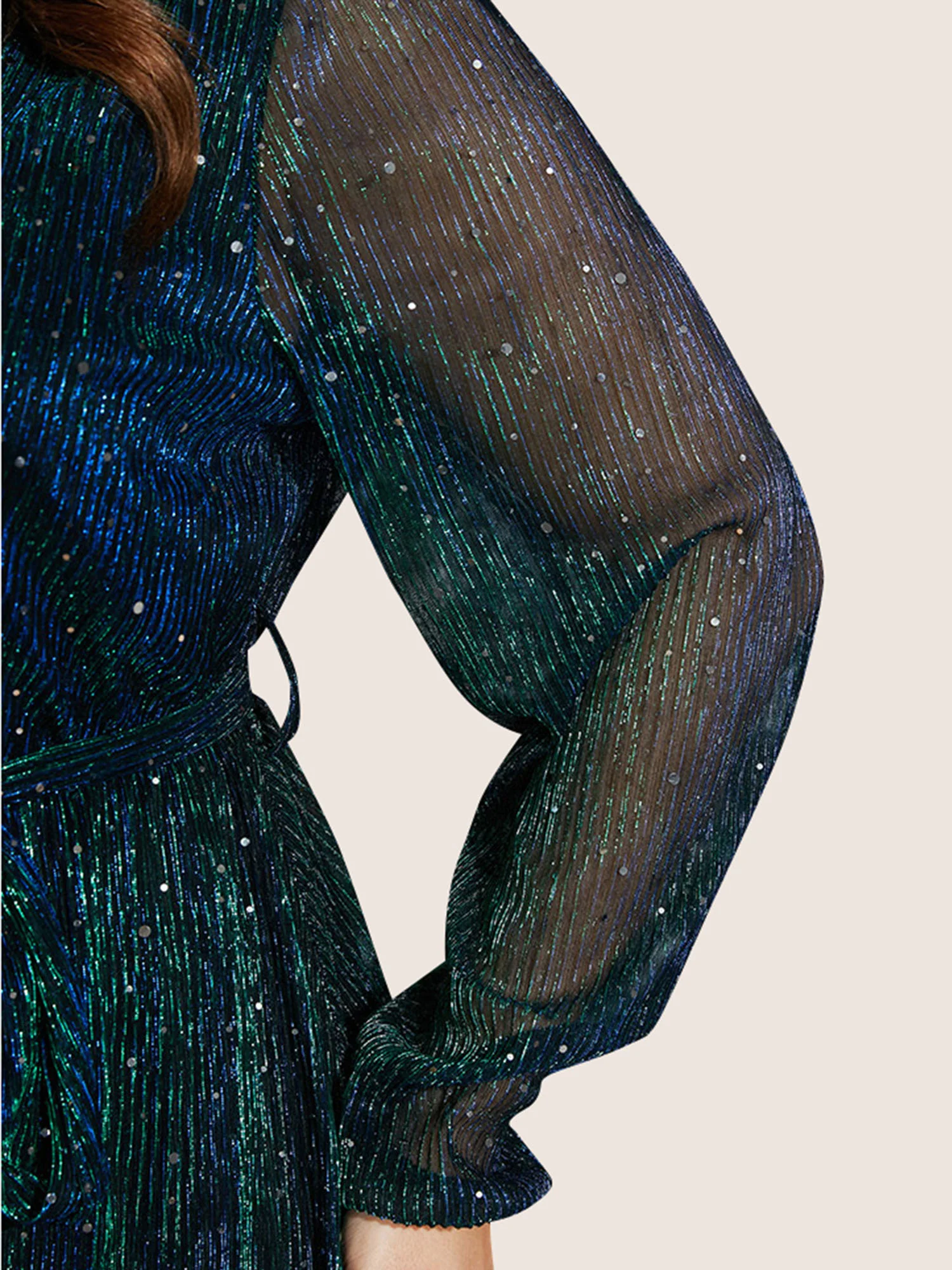 Sequin Mesh Lantern Sleeve Wrap Belted Striped Blouse - Image 16