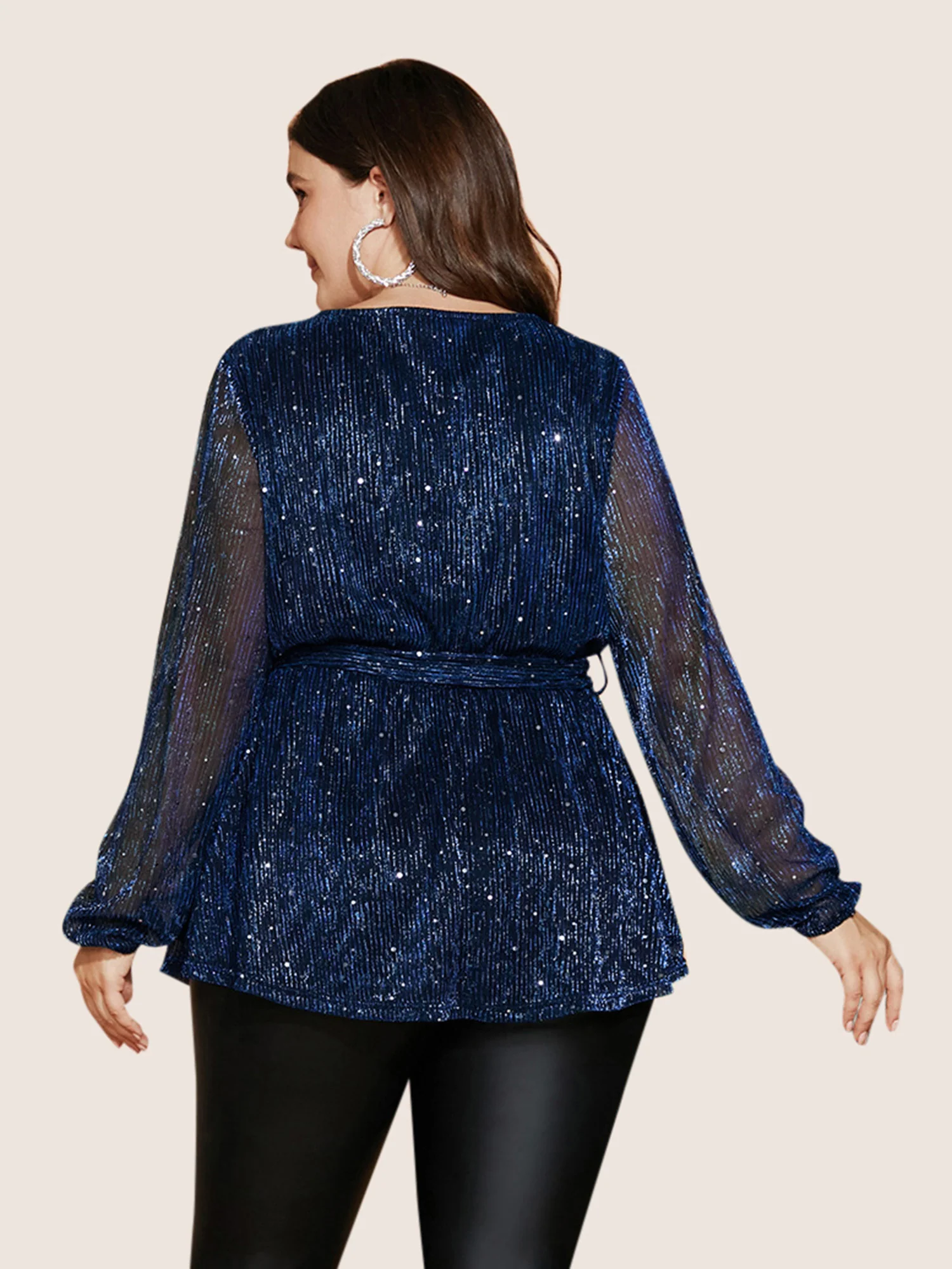 Sequin Mesh Lantern Sleeve Wrap Belted Striped Blouse - Image 22