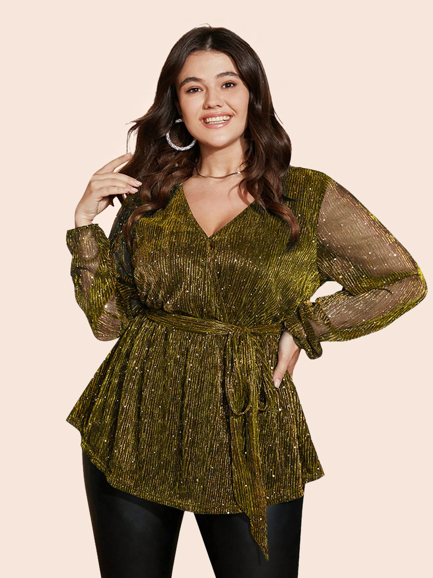 Sequin Mesh Lantern Sleeve Wrap Belted Striped Blouse - Image 23