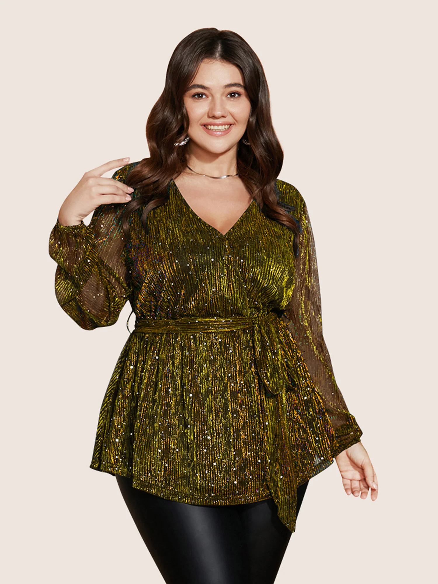Sequin Mesh Lantern Sleeve Wrap Belted Striped Blouse - Image 25
