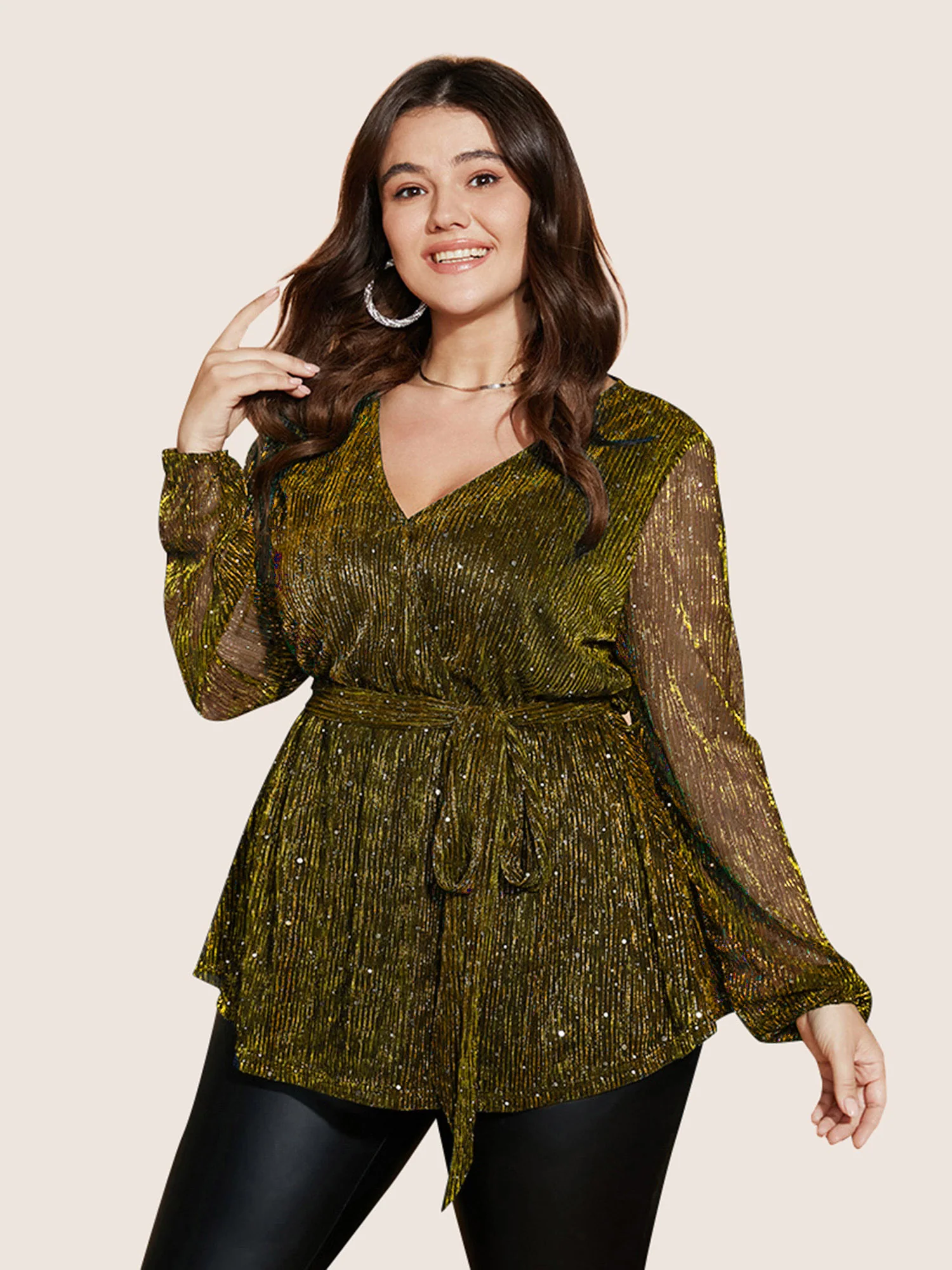 Sequin Mesh Lantern Sleeve Wrap Belted Striped Blouse - Image 26