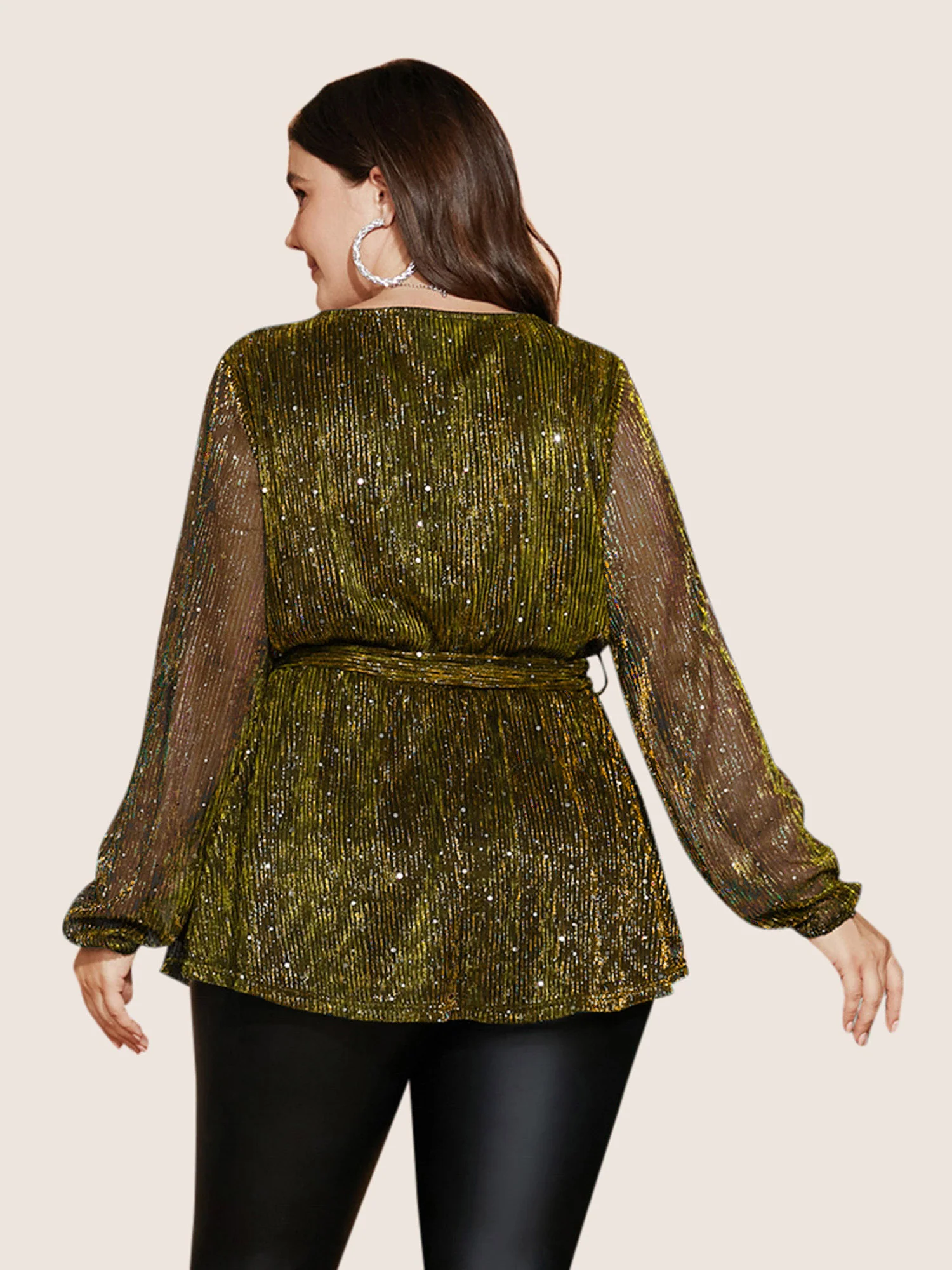 Sequin Mesh Lantern Sleeve Wrap Belted Striped Blouse - Image 27