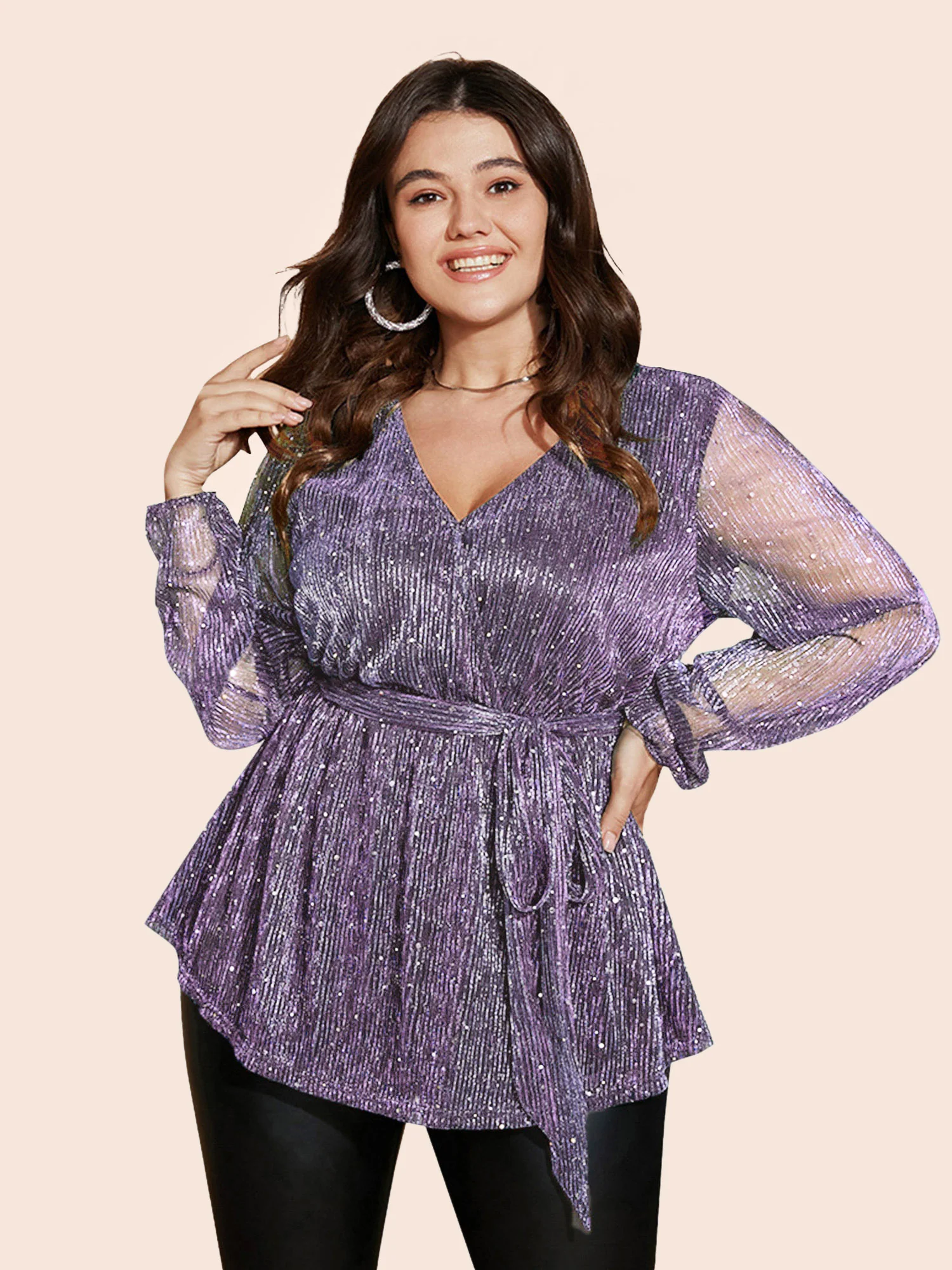 Sequin Mesh Lantern Sleeve Wrap Belted Striped Blouse - Image 28