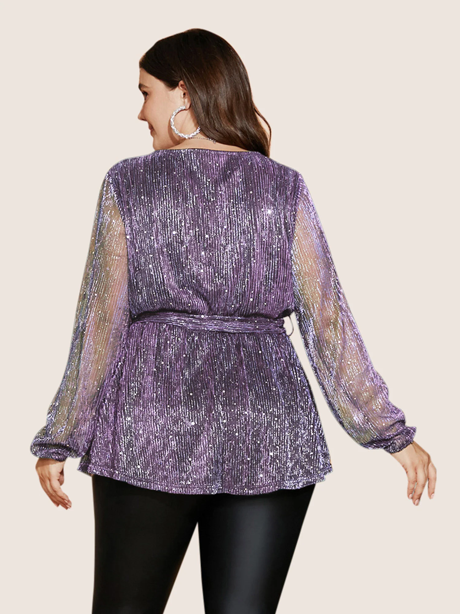 Sequin Mesh Lantern Sleeve Wrap Belted Striped Blouse - Image 32