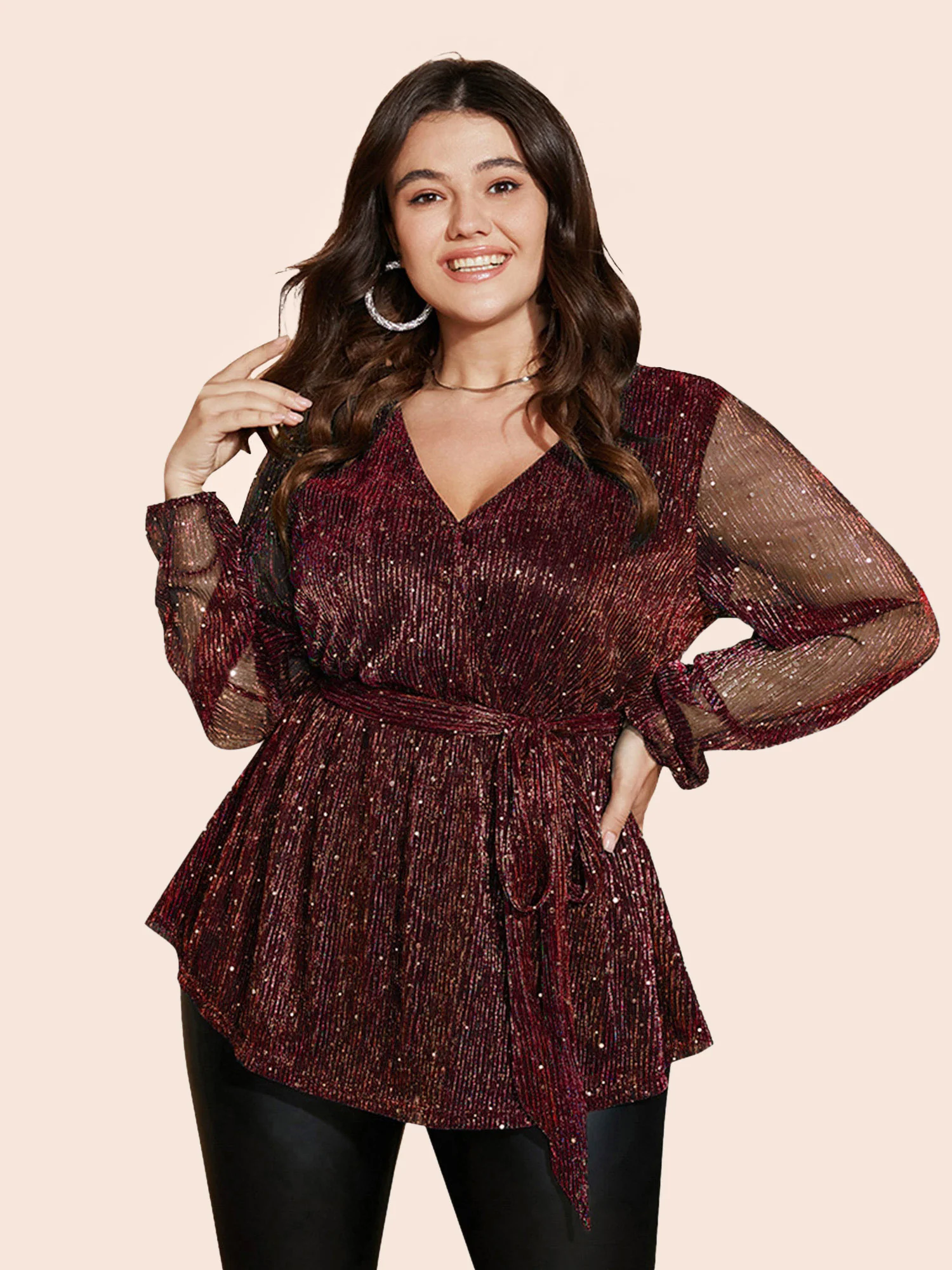 Sequin Mesh Lantern Sleeve Wrap Belted Striped Blouse - Image 5