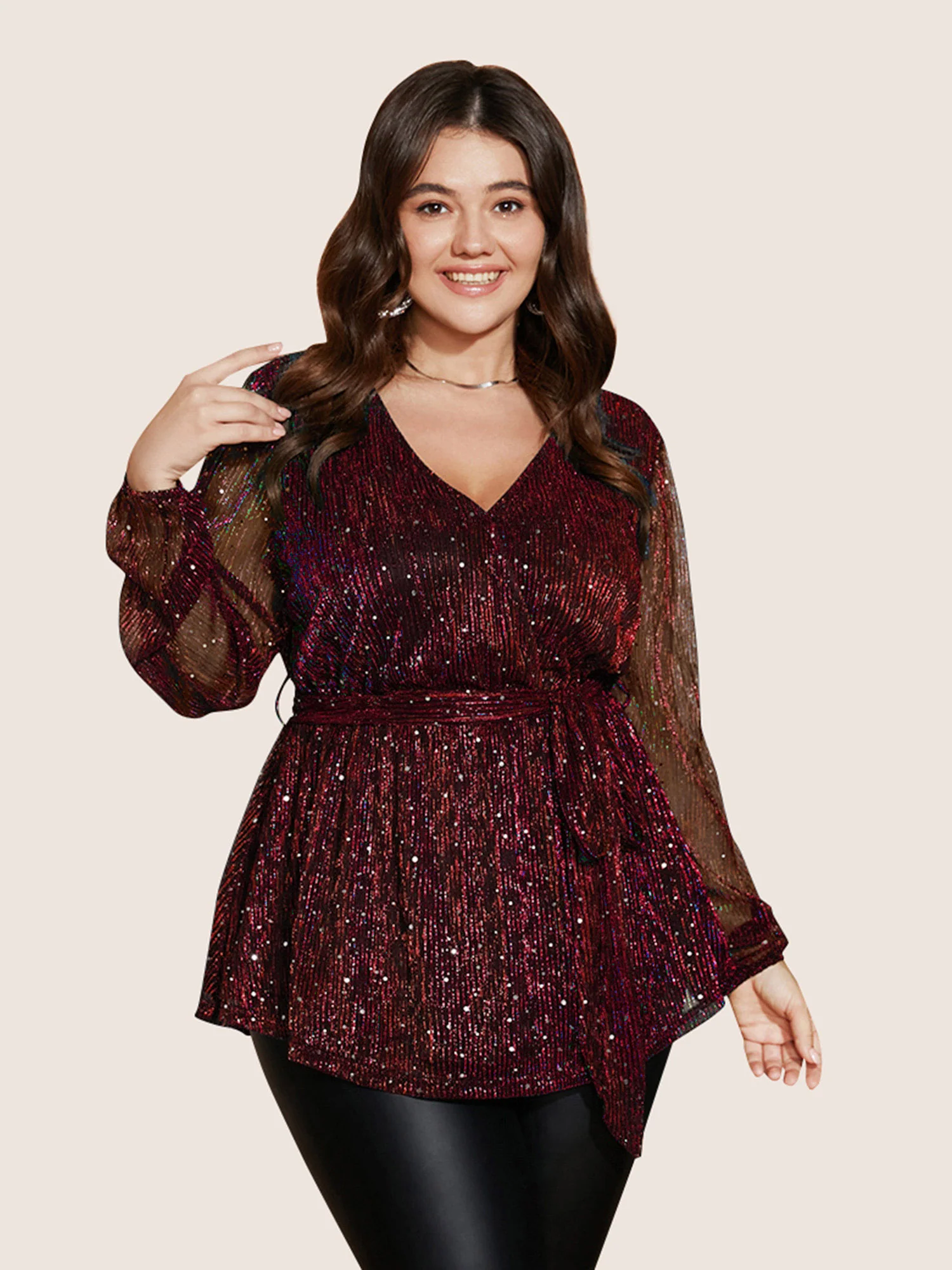 Sequin Mesh Lantern Sleeve Wrap Belted Striped Blouse - Image 7