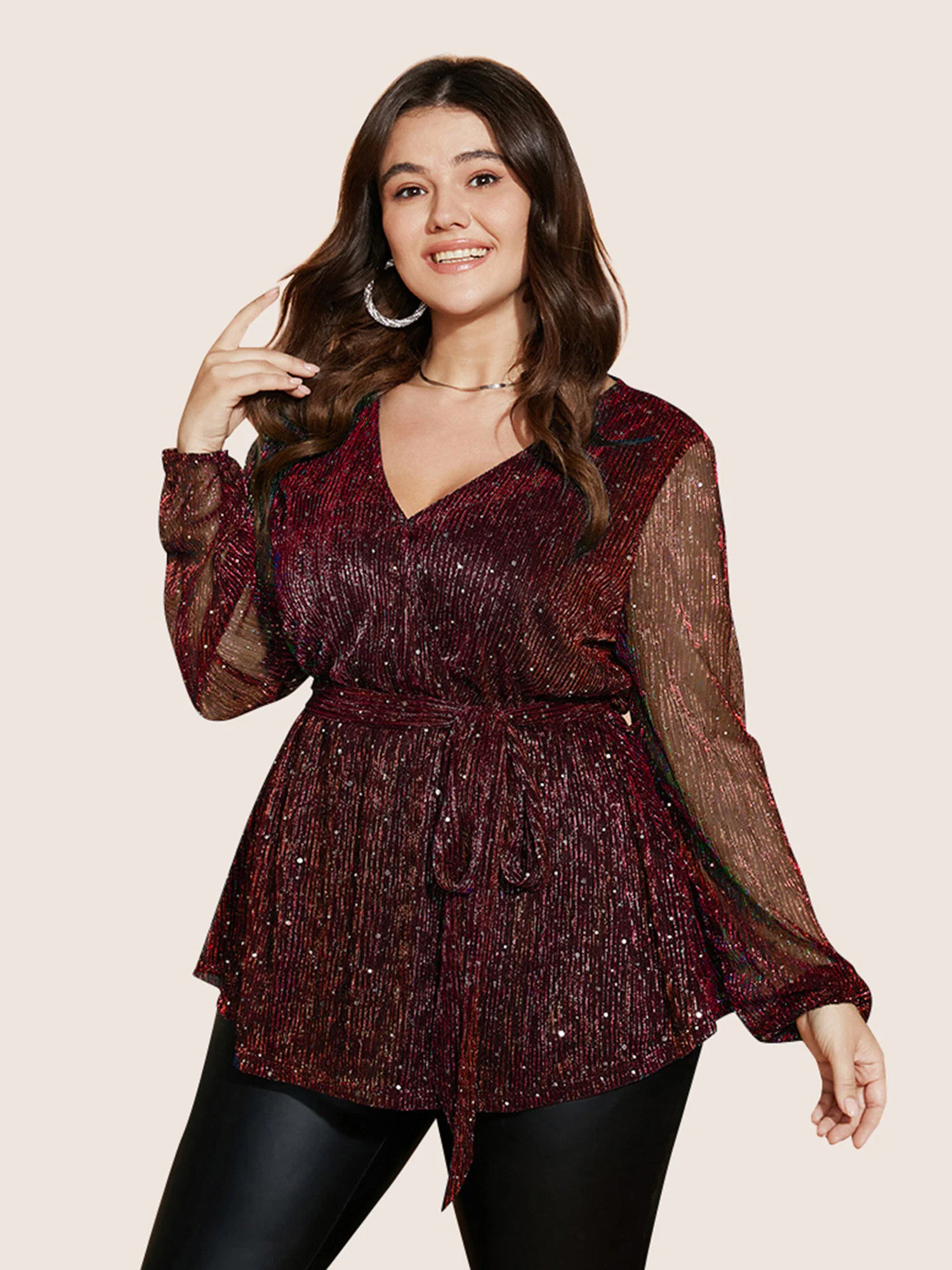 Sequin Mesh Lantern Sleeve Wrap Belted Striped Blouse - Image 8