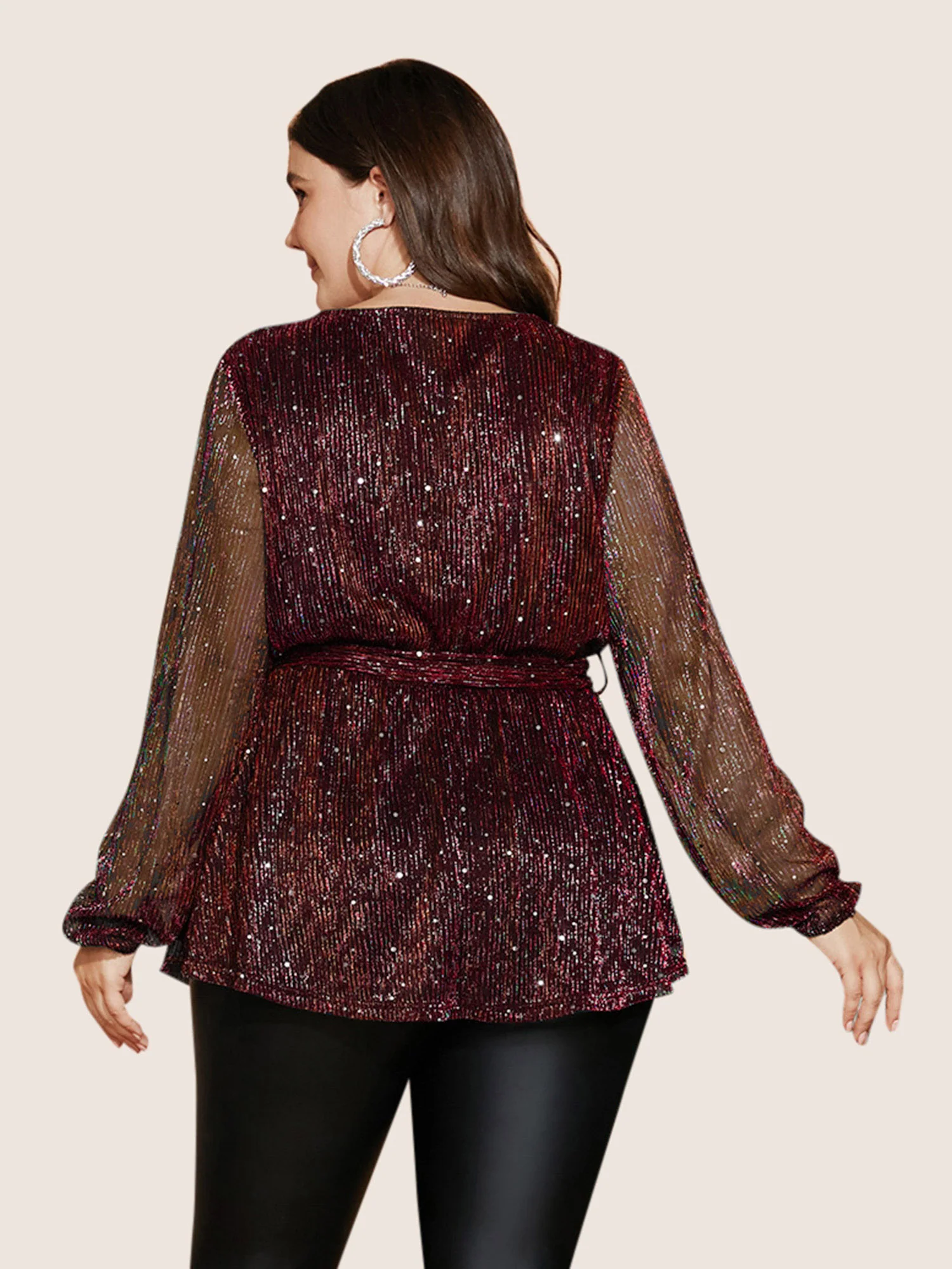 Sequin Mesh Lantern Sleeve Wrap Belted Striped Blouse - Image 9