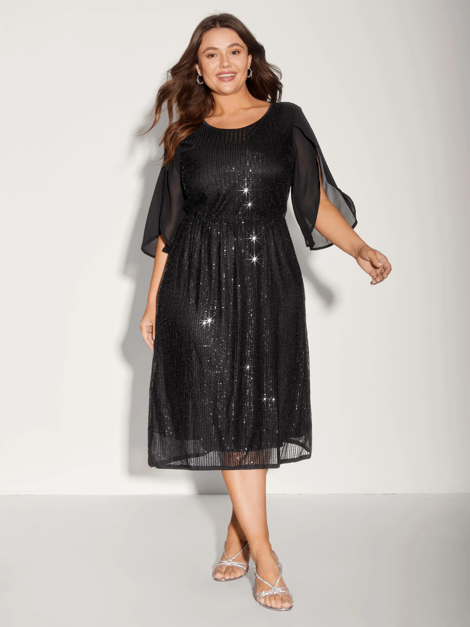 Sequin Mesh Patchwork Petal Sleeve Dress - Image 3