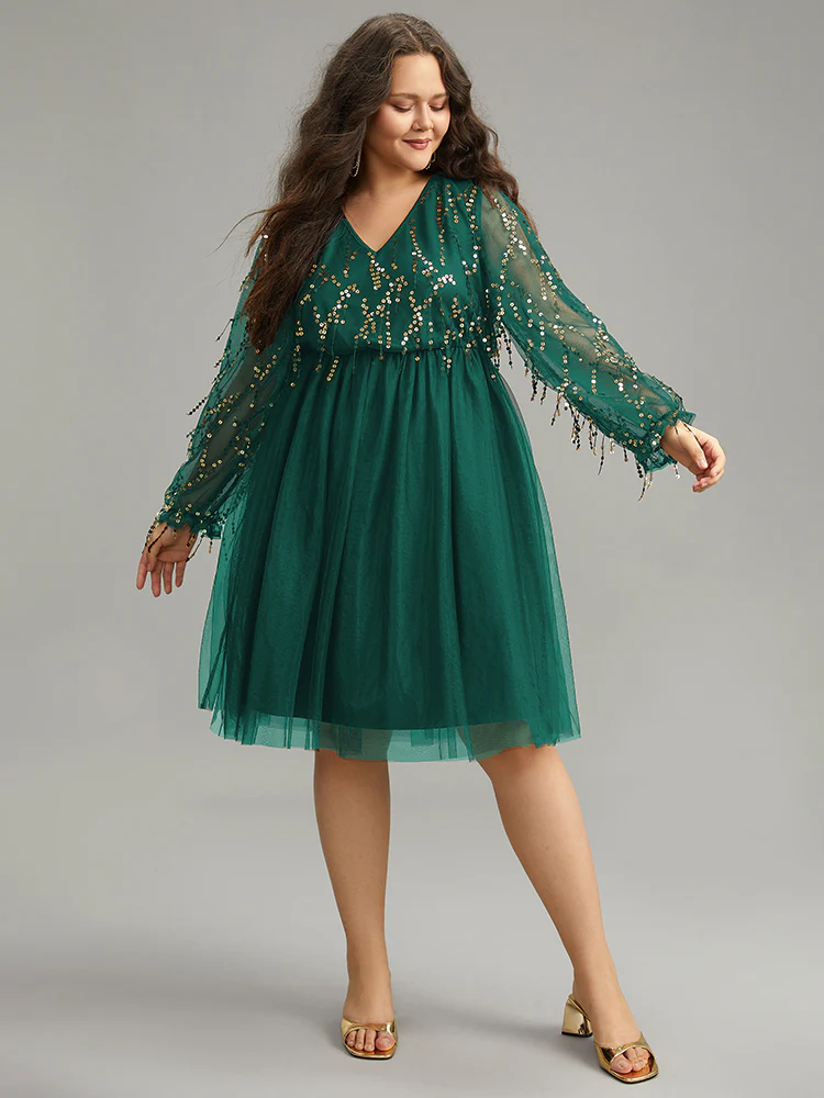 Sequin Mesh Patchwork Tassel Dress - Image 9