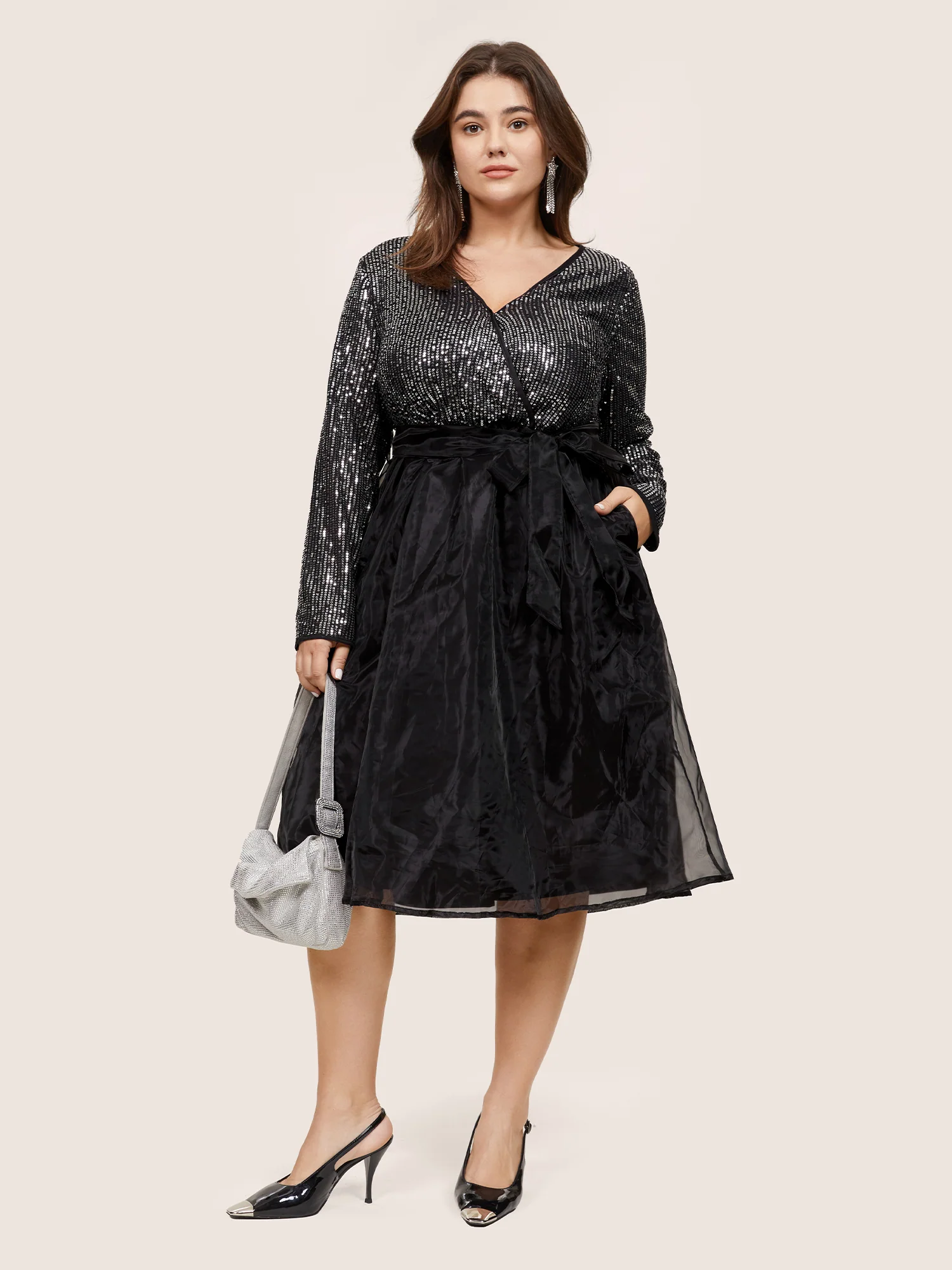 Sequin Mesh Patchwork Wrap Belted Dress - Image 2