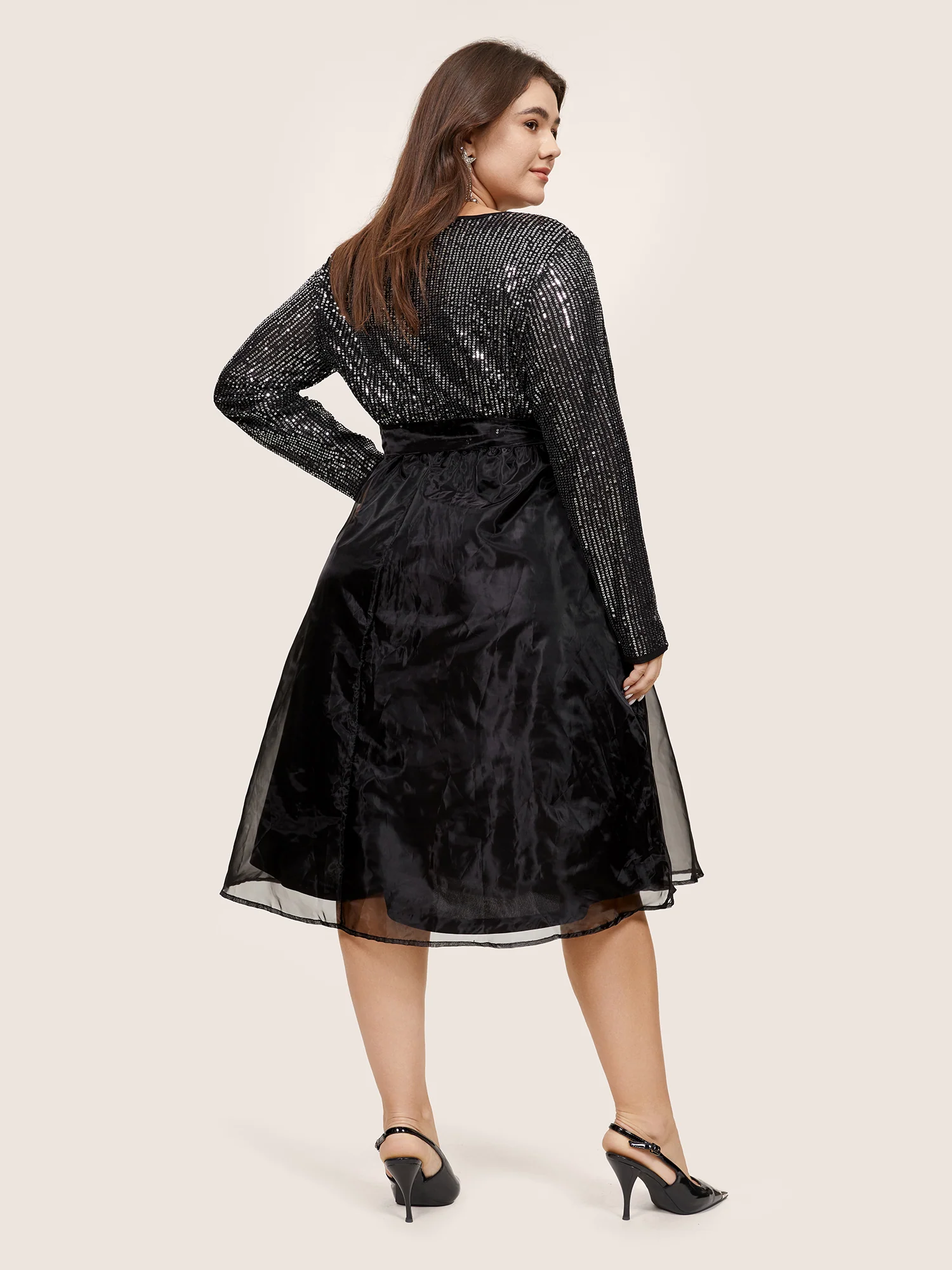 Sequin Mesh Patchwork Wrap Belted Dress - Image 3