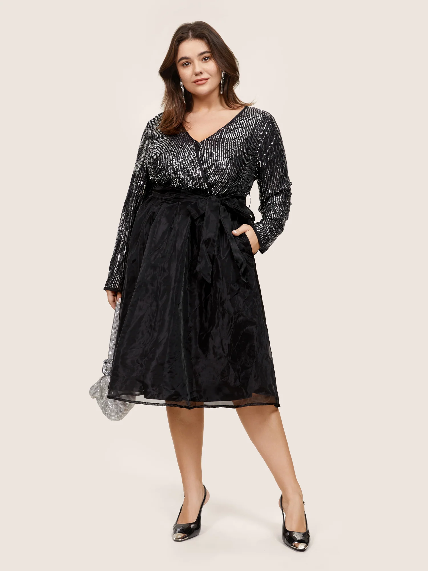 Sequin Mesh Patchwork Wrap Belted Dress - Image 4