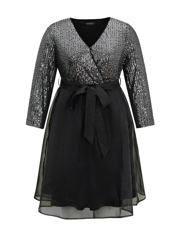 Sequin Mesh Patchwork Wrap Belted Dress - Image 6