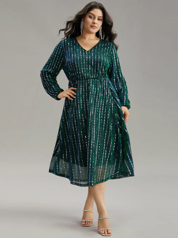 Sequin Mesh V Neck Elastic Waist Dress - Image 2