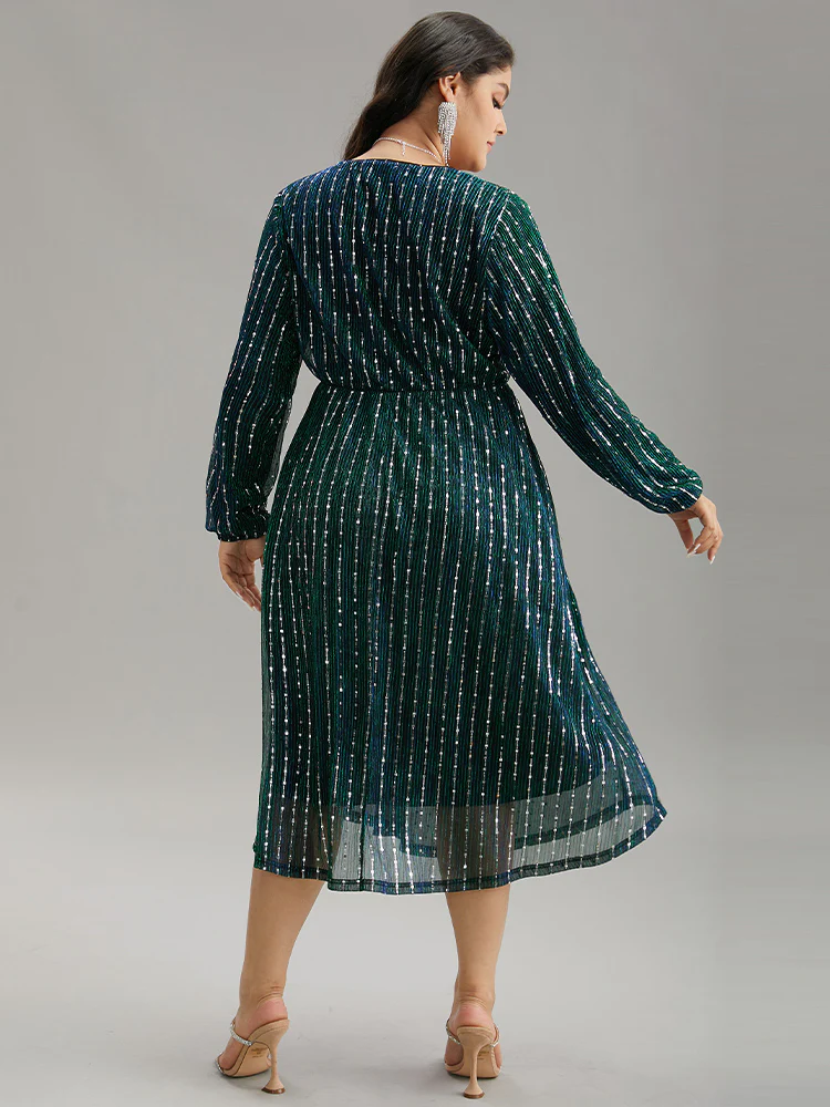 Sequin Mesh V Neck Elastic Waist Dress - Image 3
