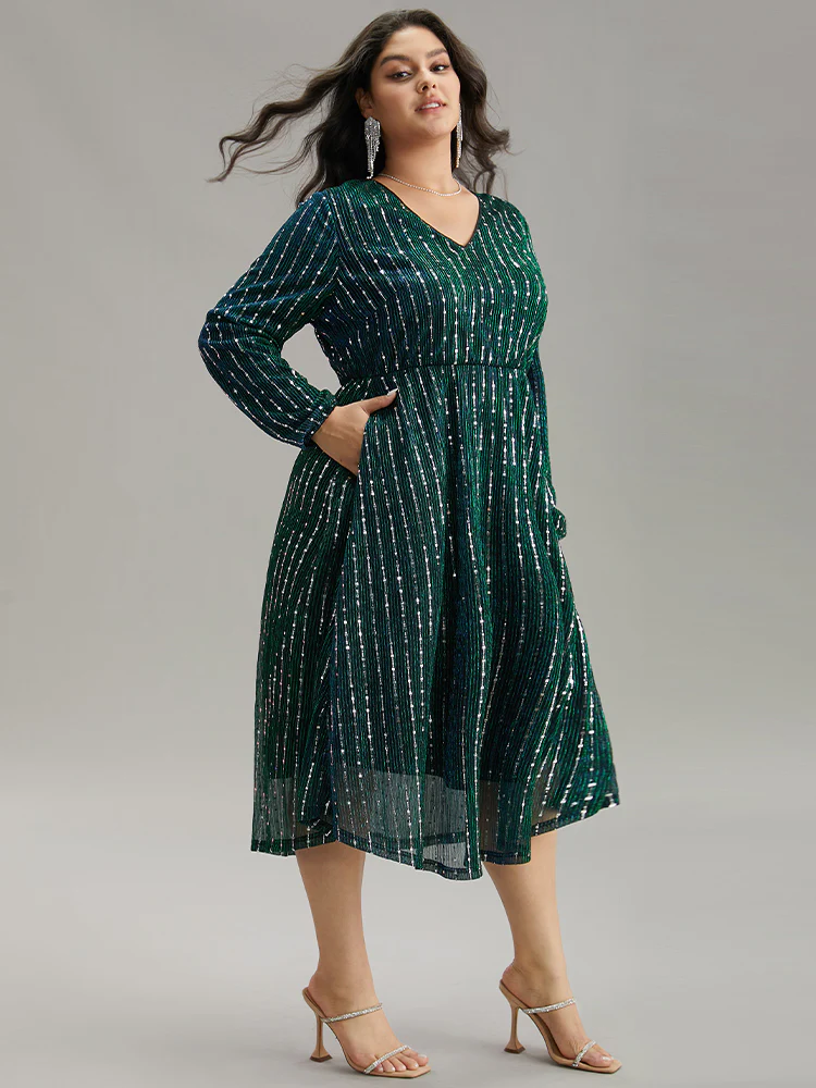 Sequin Mesh V Neck Elastic Waist Dress - Image 4