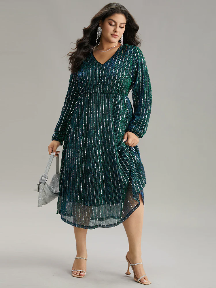 Sequin Mesh V Neck Elastic Waist Dress - Image 5