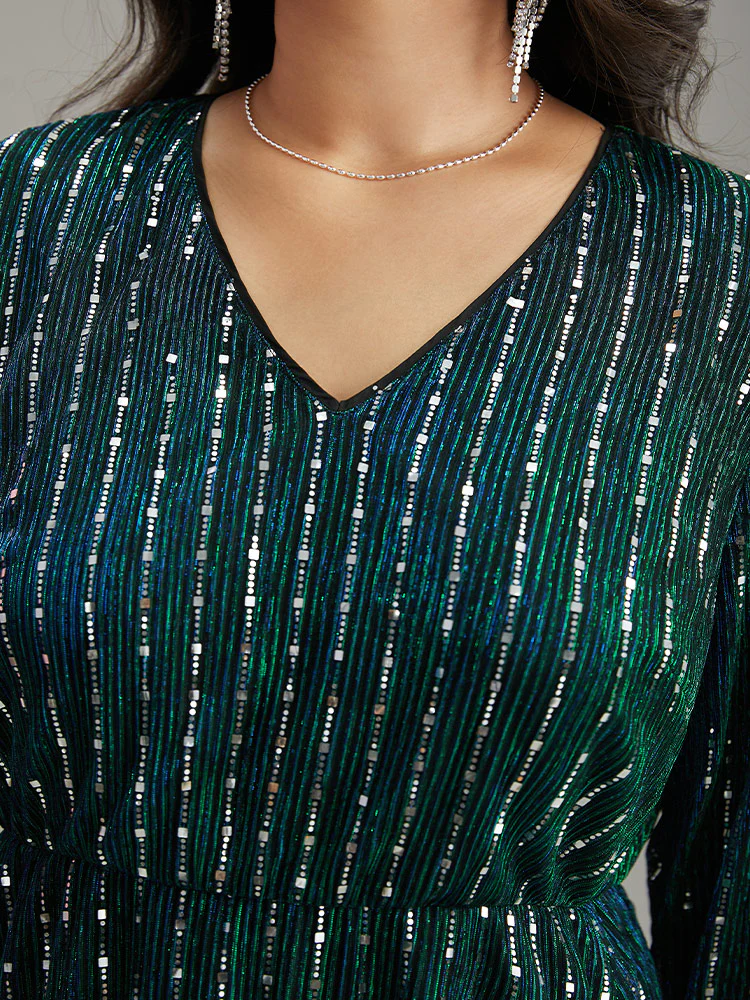 Sequin Mesh V Neck Elastic Waist Dress - Image 6