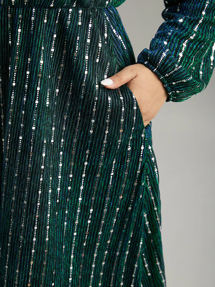 Sequin Mesh V Neck Elastic Waist Dress - Image 7